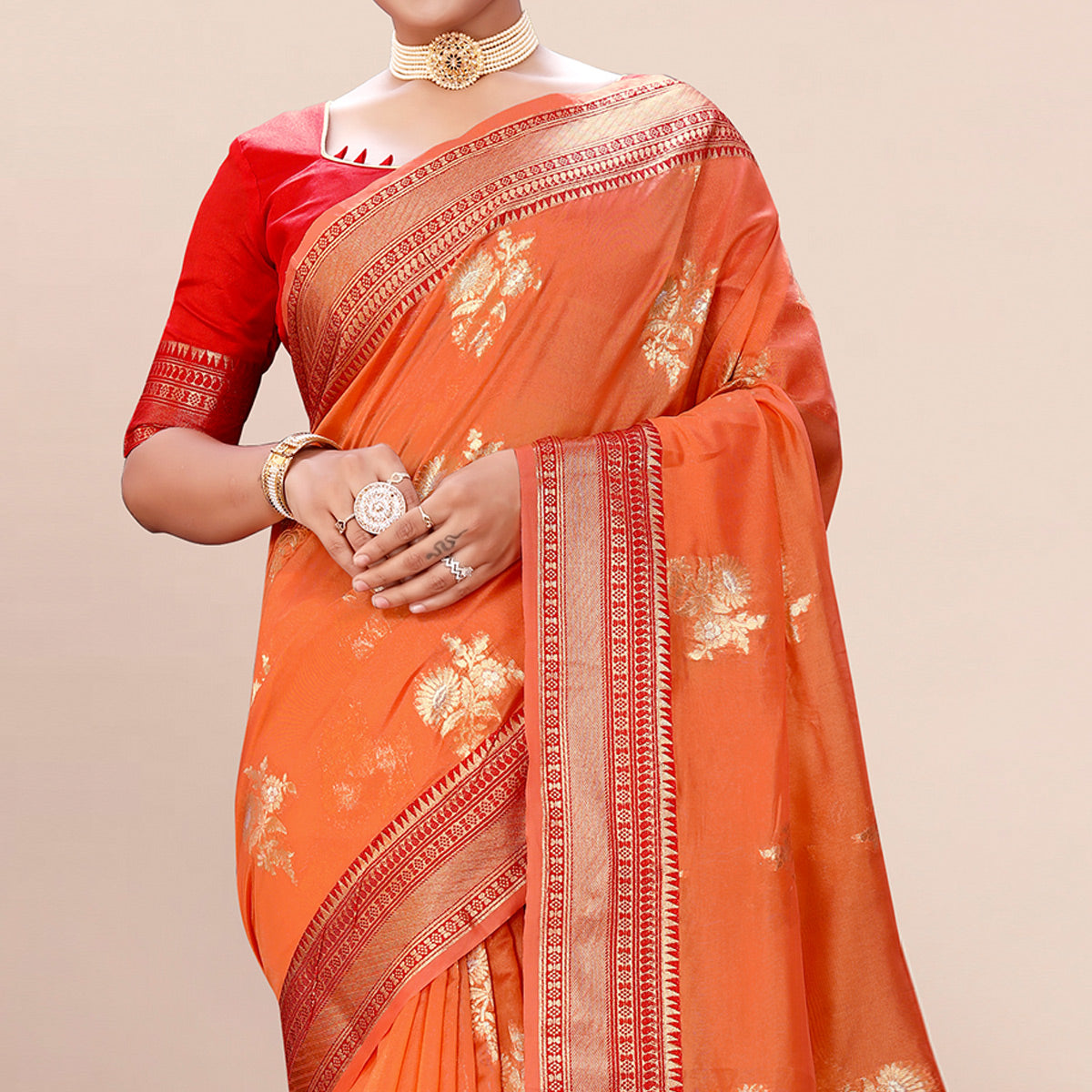 Orange Woven Organza Saree With Tassels