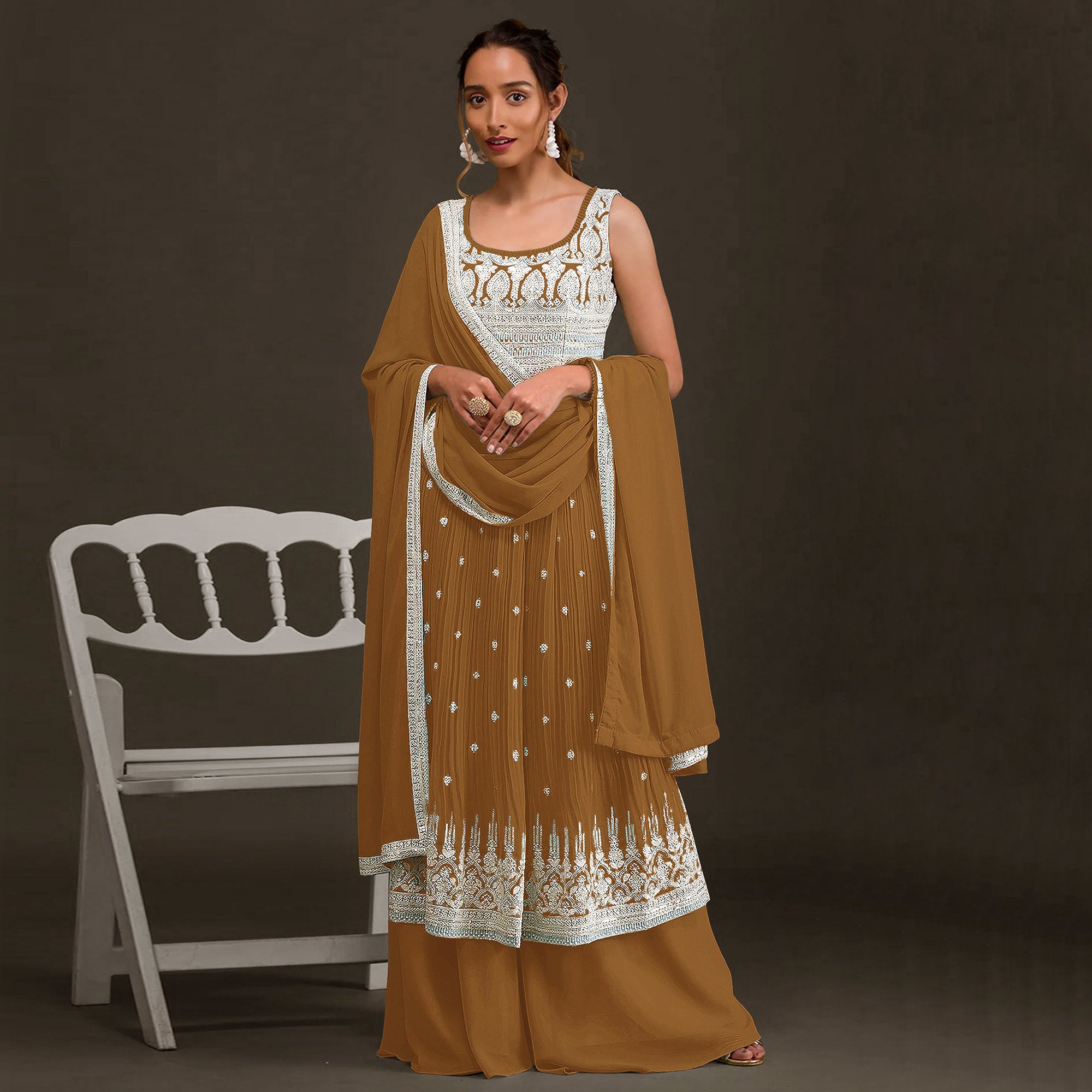 Golden Brown Sequins Embroidered Georgette Naira Cut Palazzo Suit