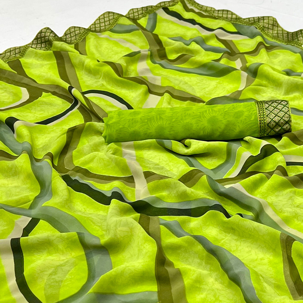 Green Printed Georgette Saree