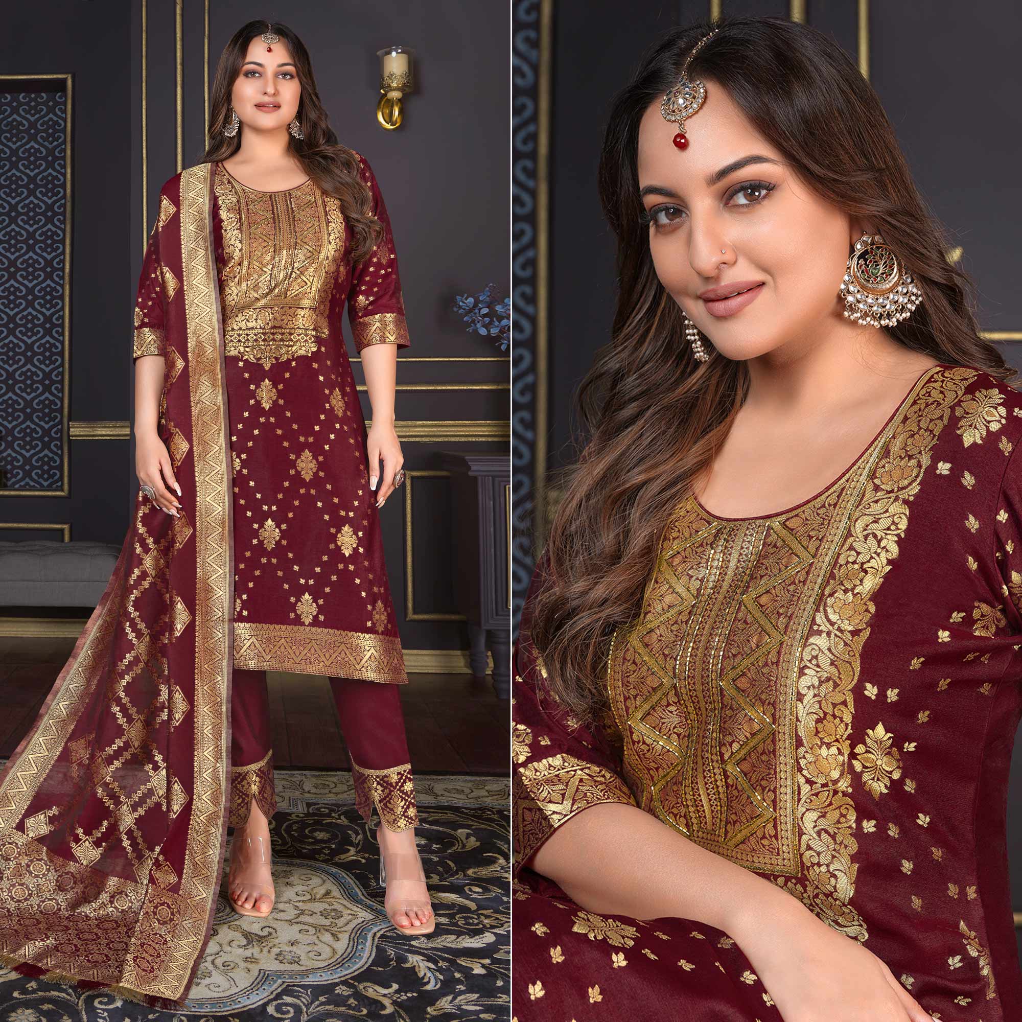 Maroon Woven Banarasi Silk Salwar Suit