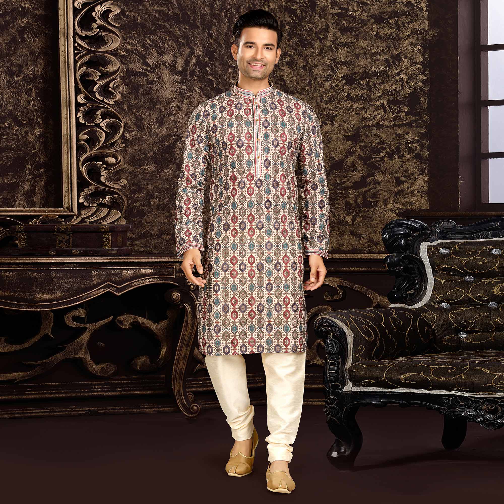 Multicolor Lucknowi And Digital Printed Cotton Kurta Pyjama Set