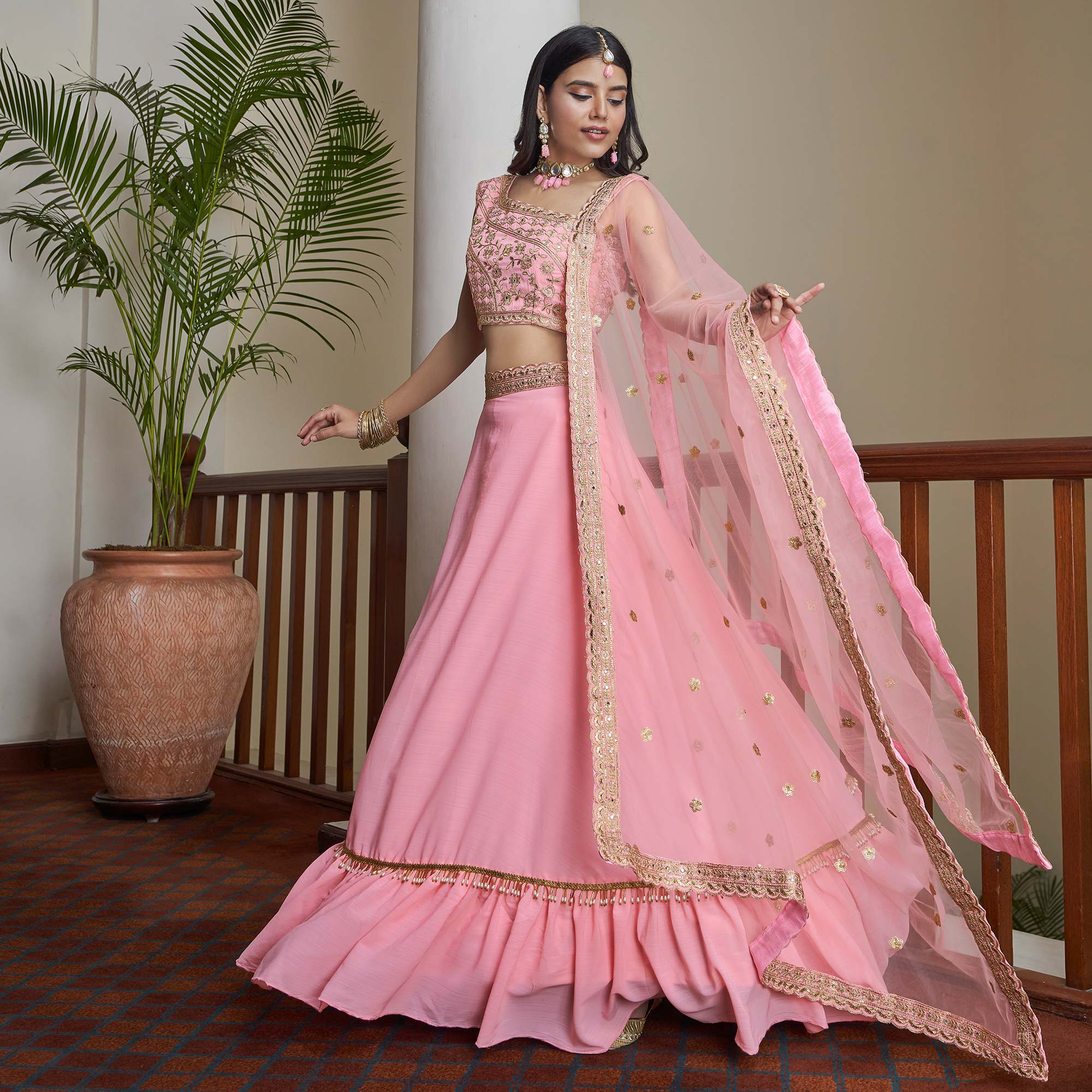 Pink Embroidered Art Silk Lehenga Choli