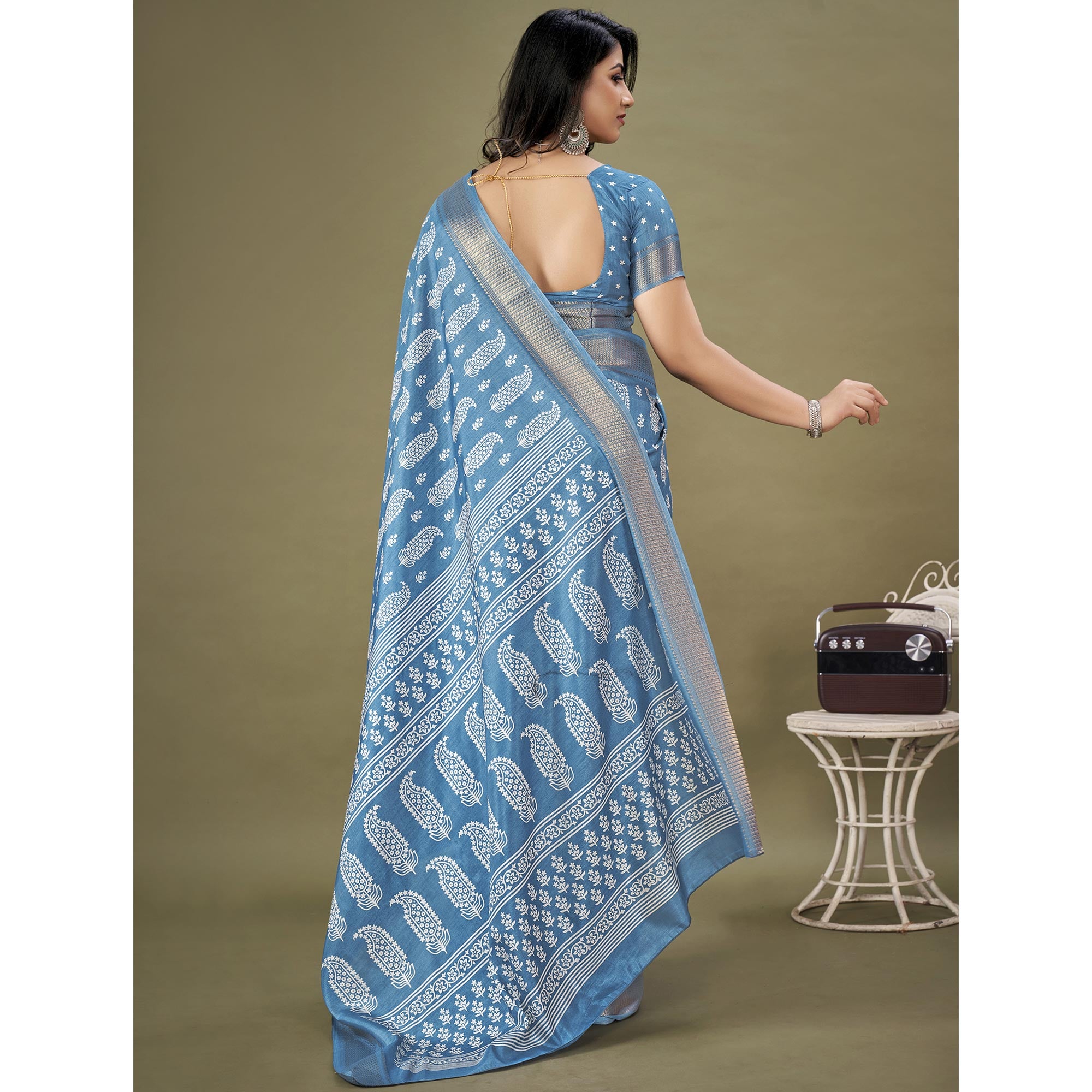 Blue Floral Printed Dola Silk Saree