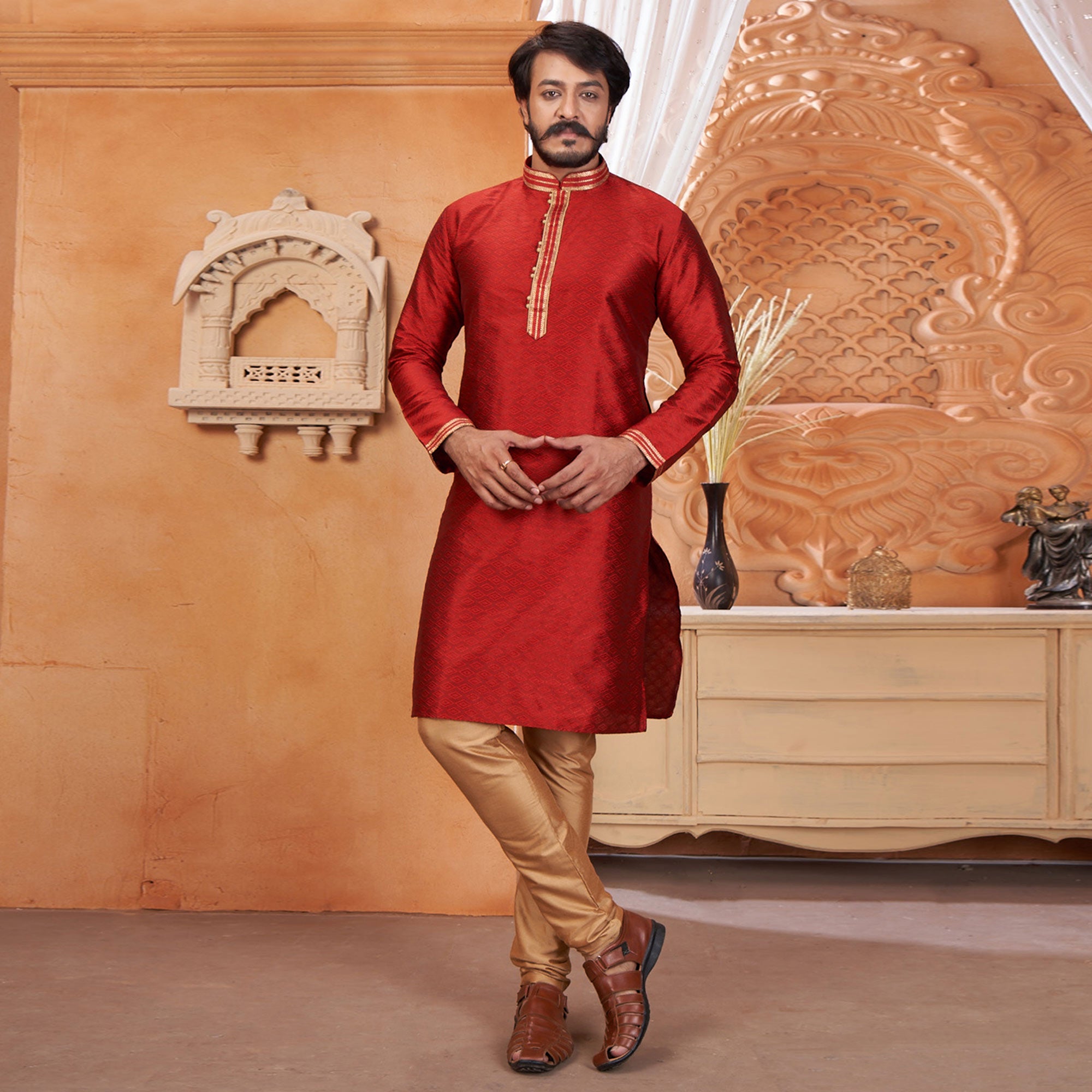 Red Embroidered Jacquard Kurta Pyjama Set