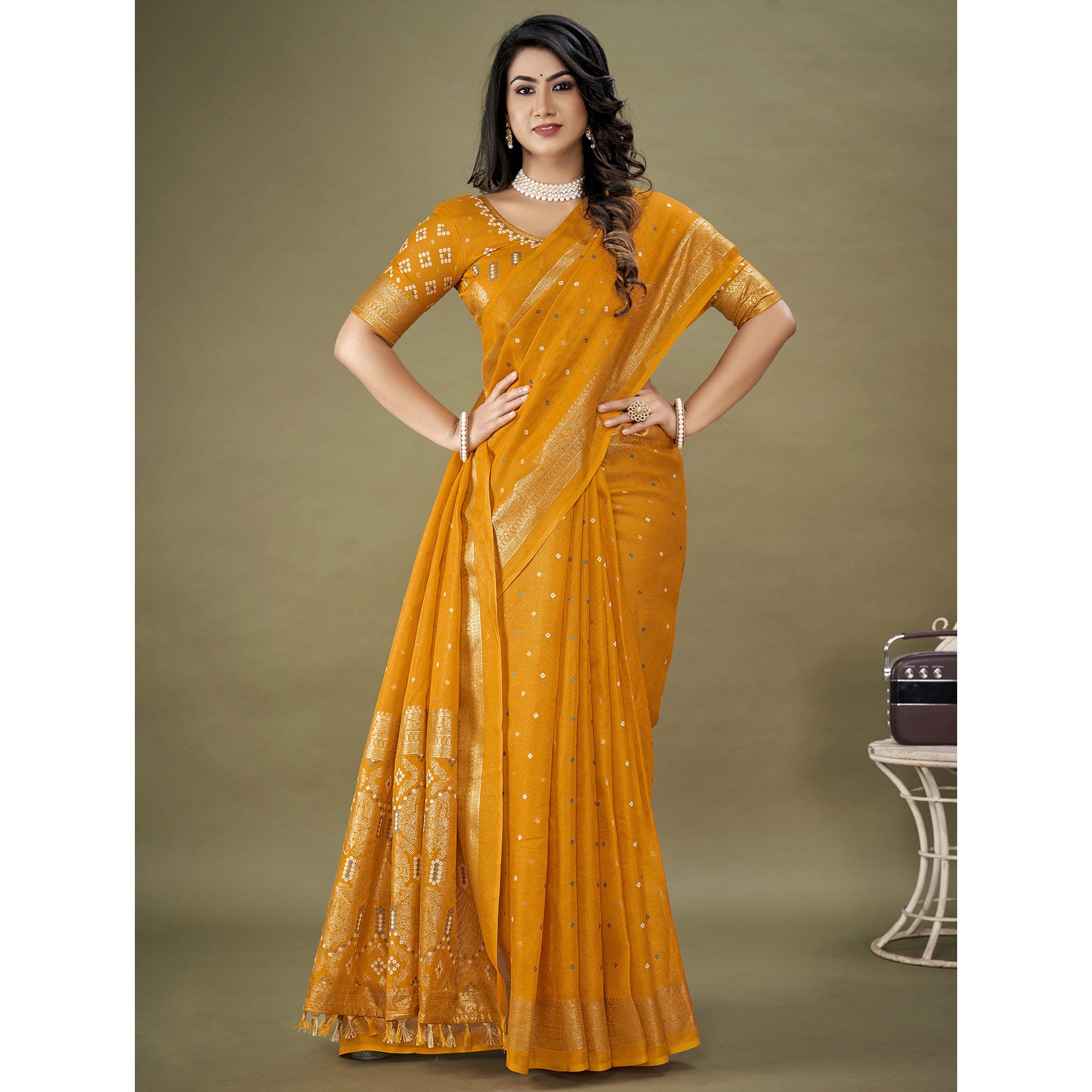 Yellow Bandhani Printed With Zari Border Jute Saree