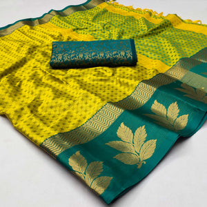 Lemon Yellow Woven Cotton Silk Saree With Tassels