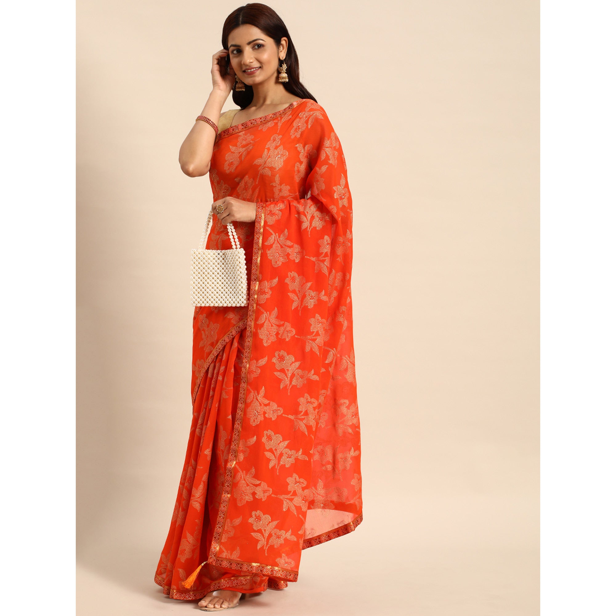 Orange Floral Foil Printed Zomato Saree