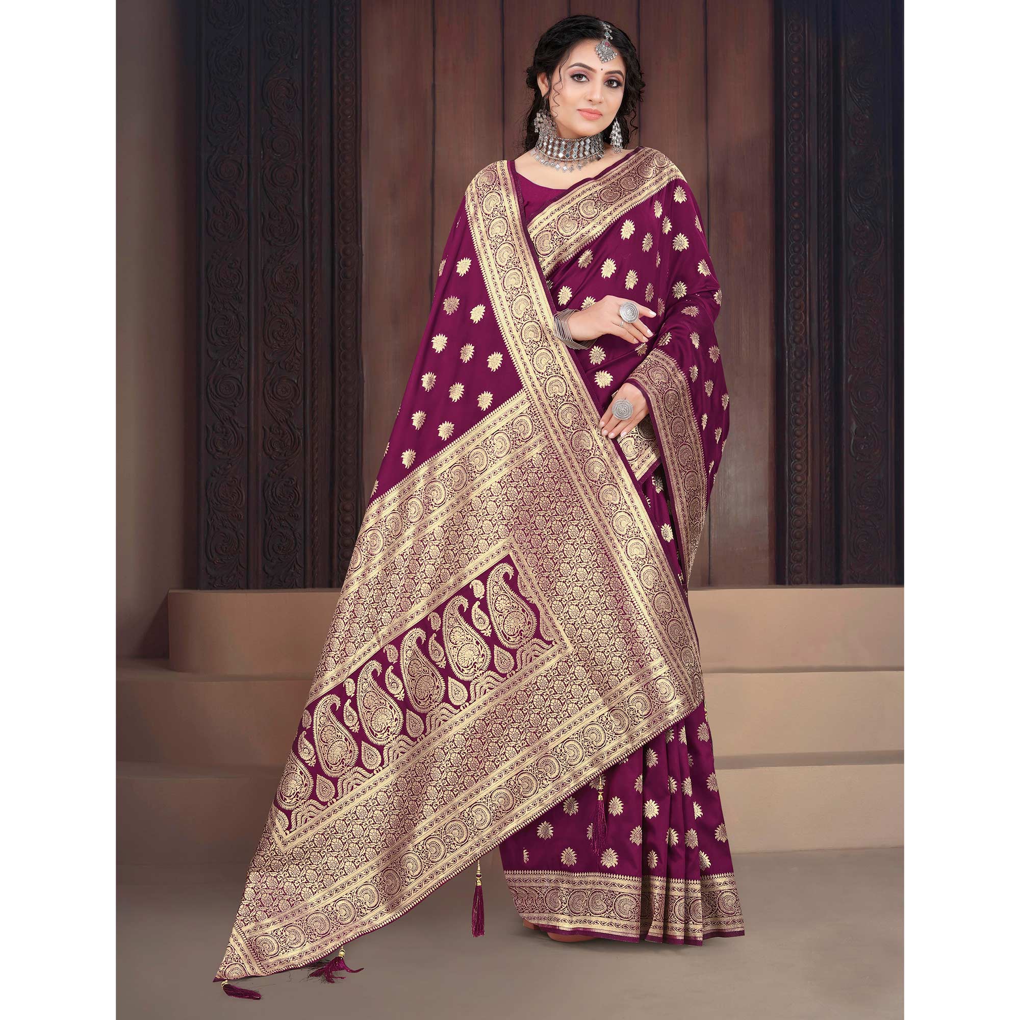 Wine Woven Banarasi Silk Saree