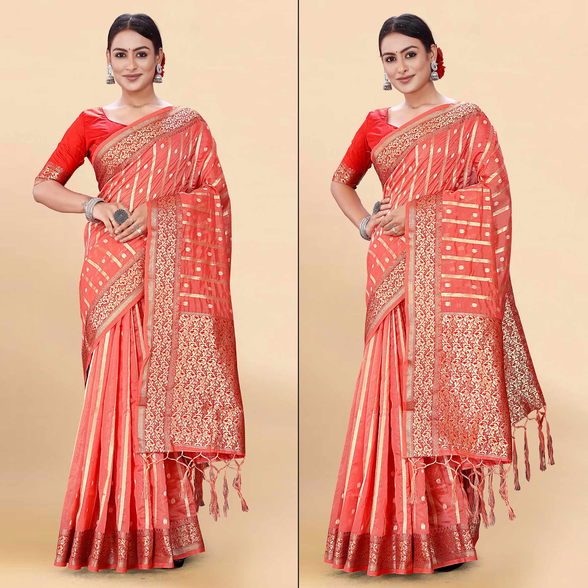 Pink Woven Organza Saree With Tassels