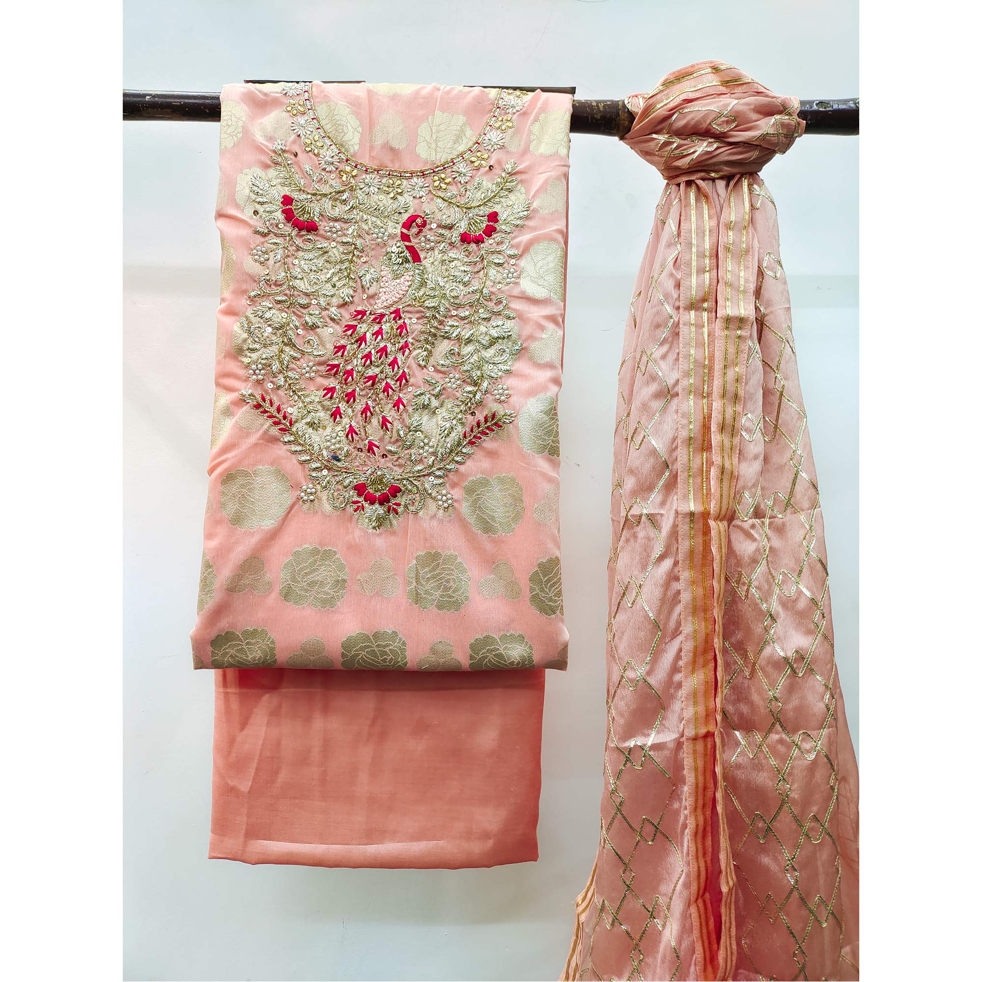 Peach Woven Banarasi Silk Dress Material