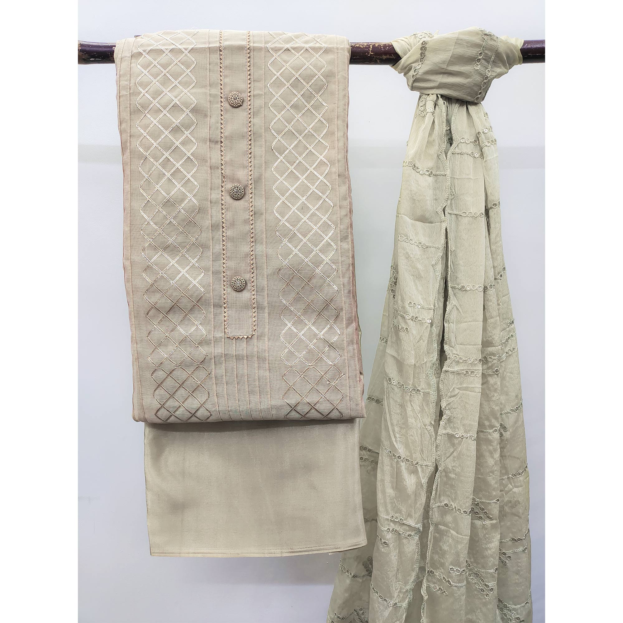 Chikoo Gota Work Chanderi Dress Material