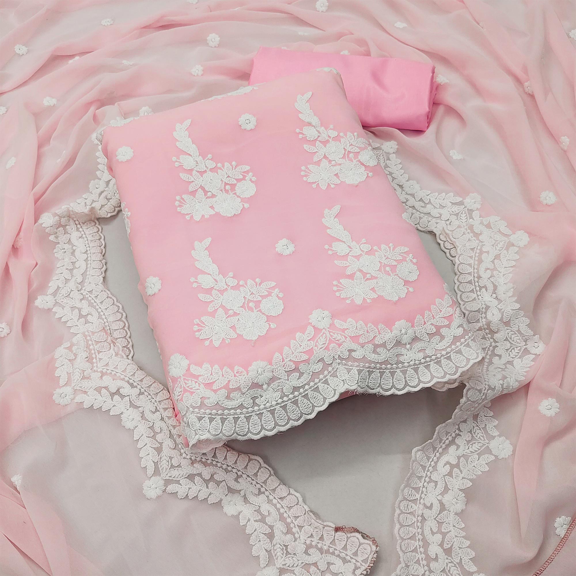 Baby Pink Floral Embroidered Georgette Dress Material