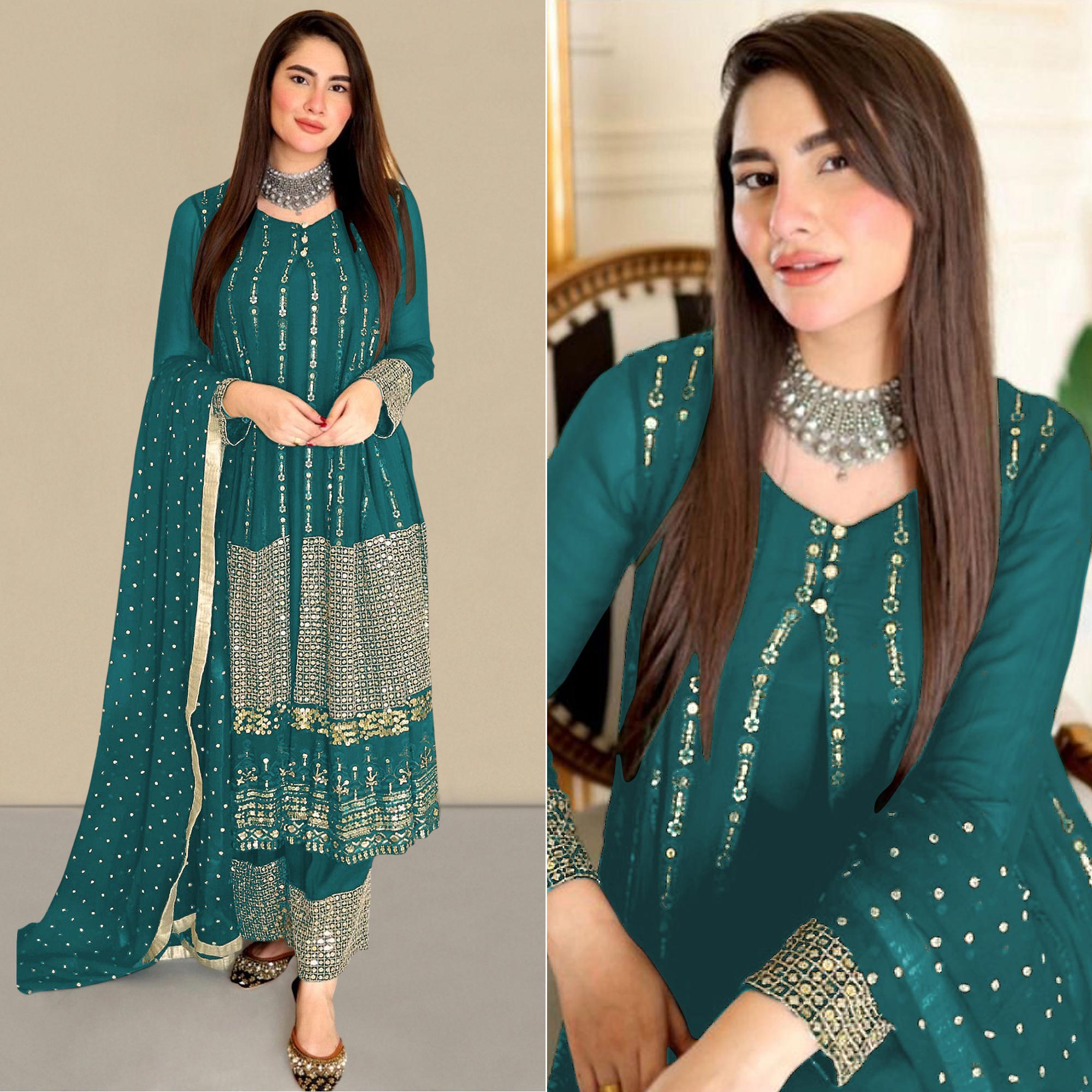 Rama Blue Sequins Embroidered Georgette Pakistani Suit