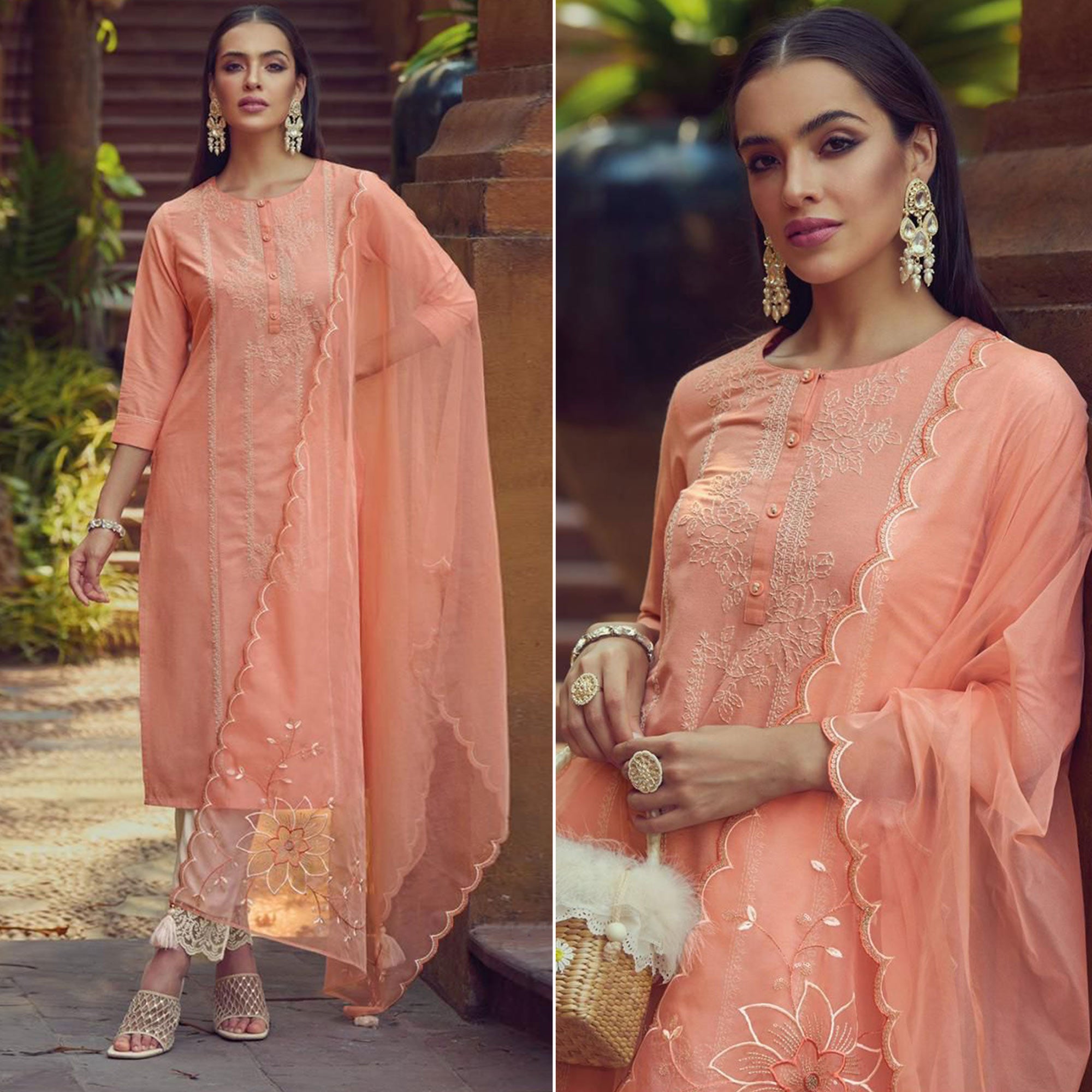 Peach Kantha Embroidered Linen Salwar Suit