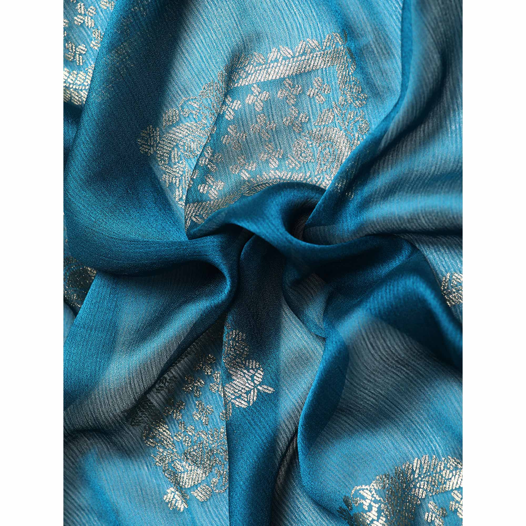 Blue Foil Printed With Embroidered Border Chiffon Saree