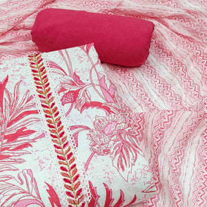 White & Pink Floral Printed Pure Cotton Dress Material