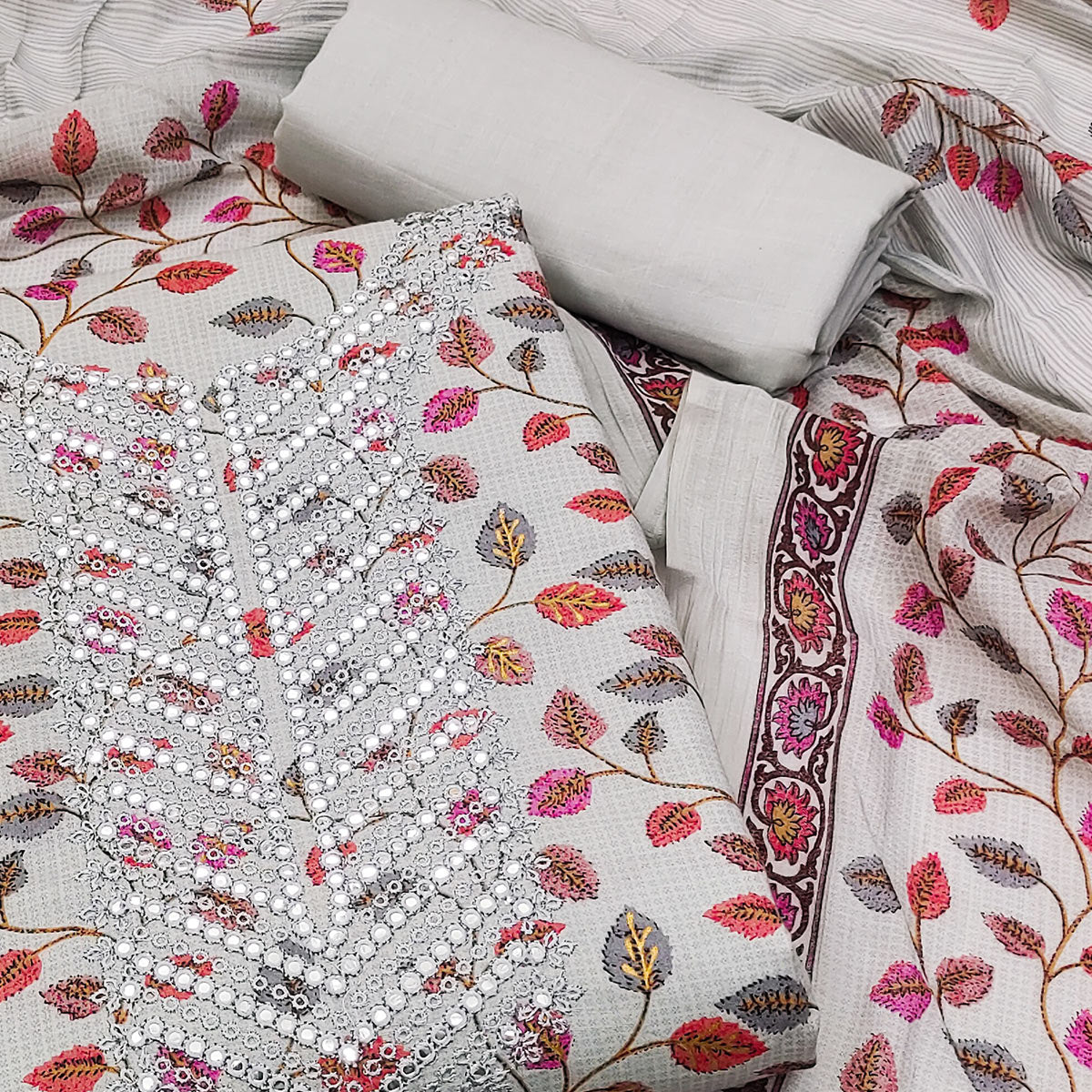 Grey Floral Printed-Mirror Work Pure Cotton Dress Material