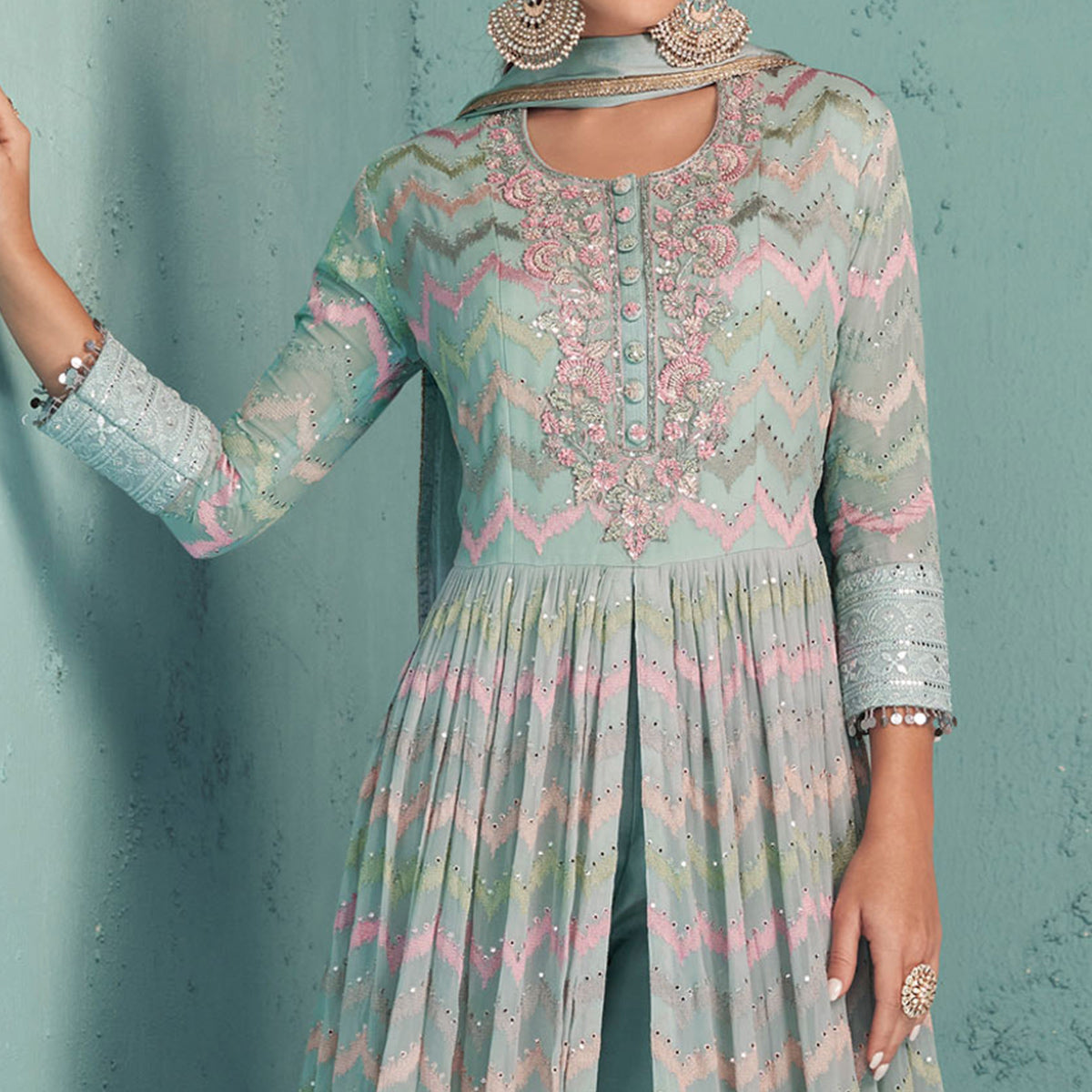 Blue Sequins Floral Embroidered Georgette Suit