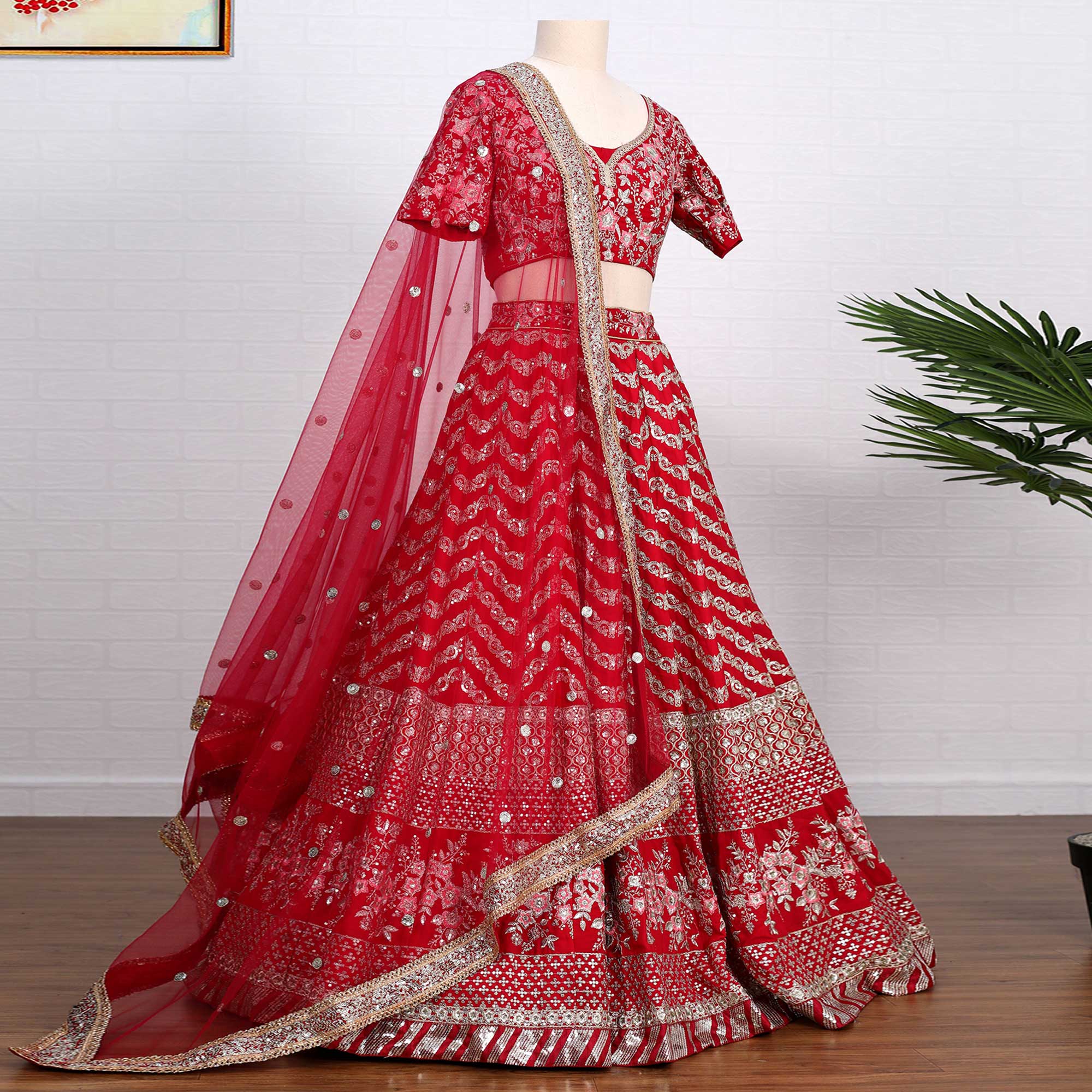 Red Sequins Embroidered Georgette Lehenga Choli