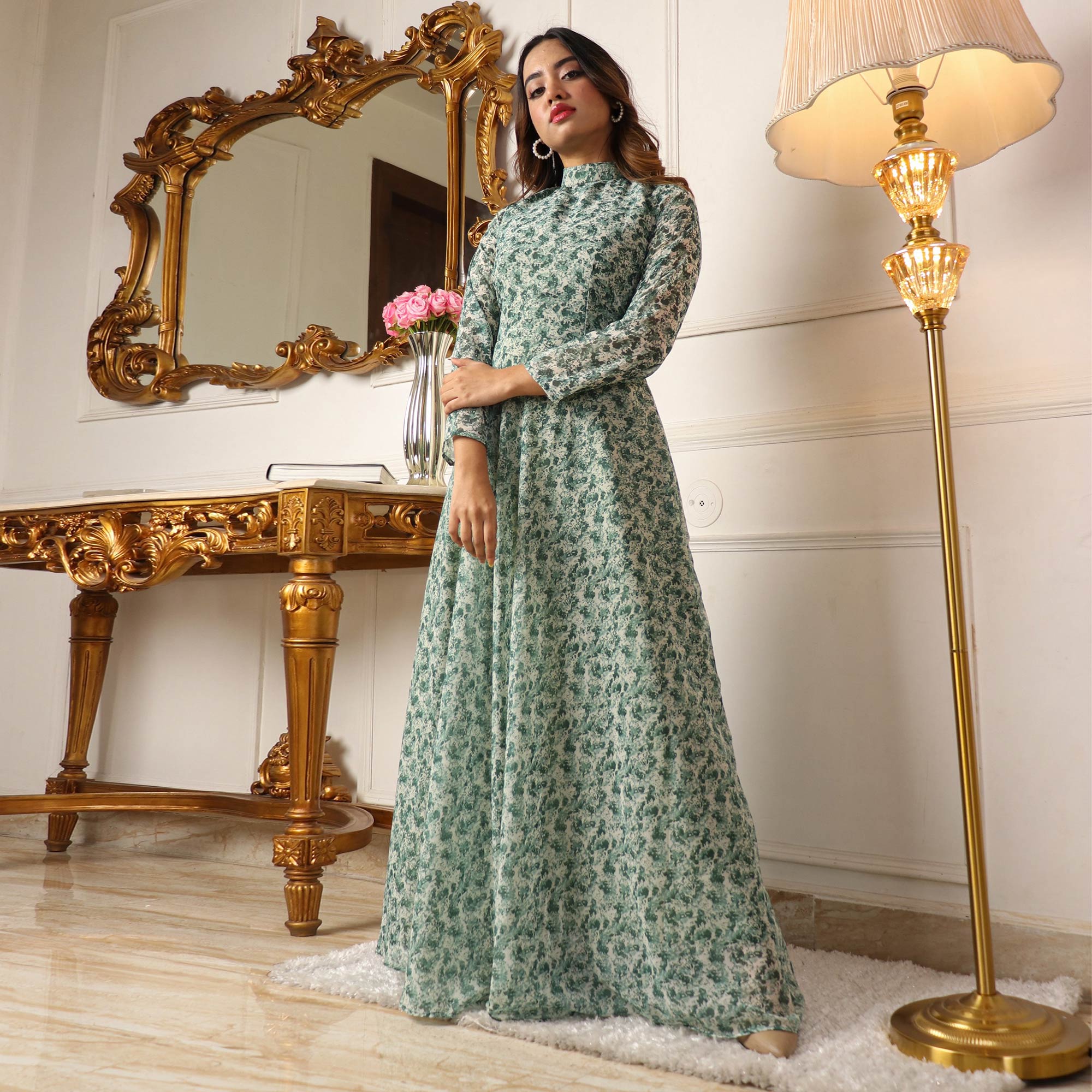 Green Printed Georgette Gown