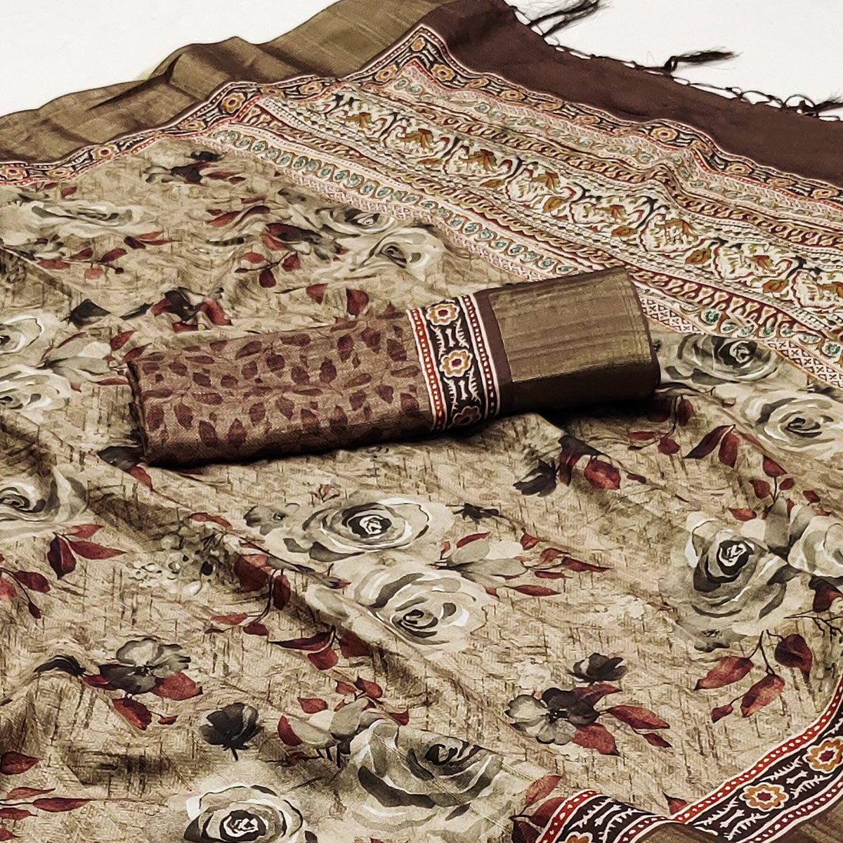 Light Brown Floral Printed Matka Tussar Saree With Tassels