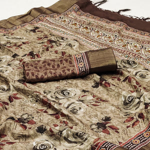 Light Brown Floral Printed Matka Tussar Saree With Tassels