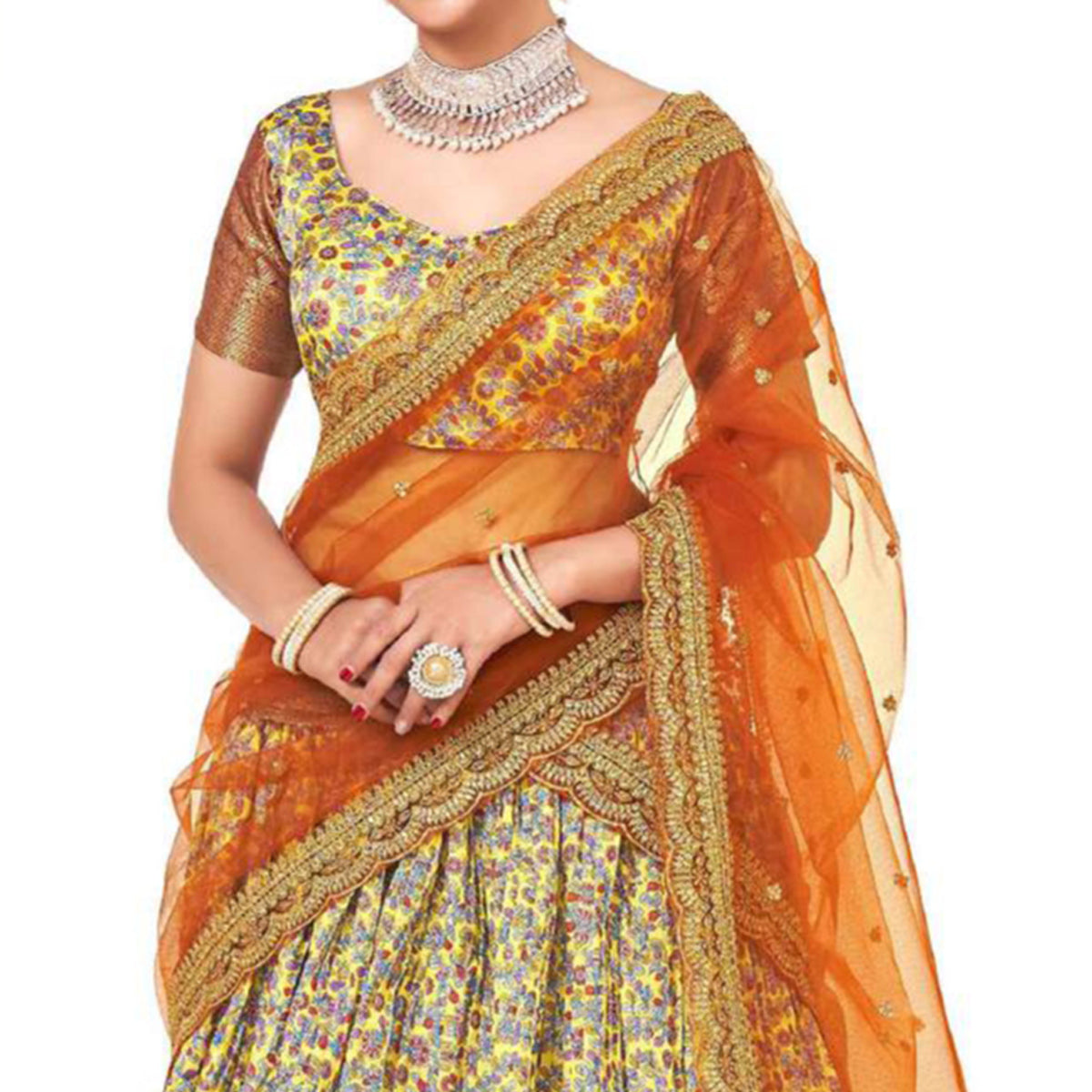 Yellow Digital Printed With Zari Work Art Silk Lehenga Choli