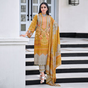 Golden And Grey Digital Printed With Daman Embroidered Pure Cotton Pakistani Suit