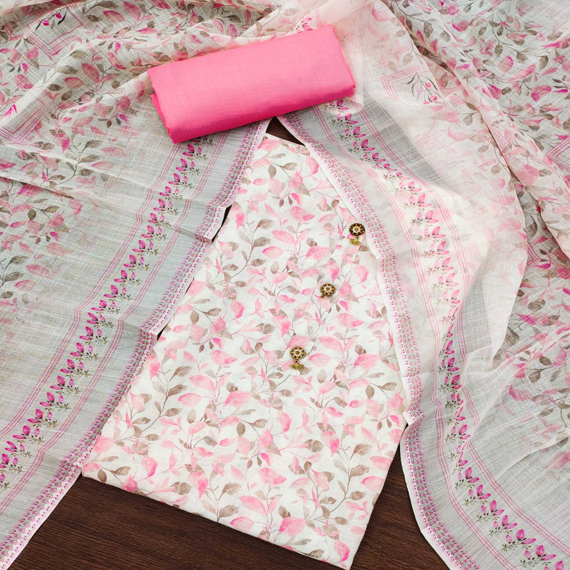 White & Pink Floral Digital Printed Cotton Dress Material