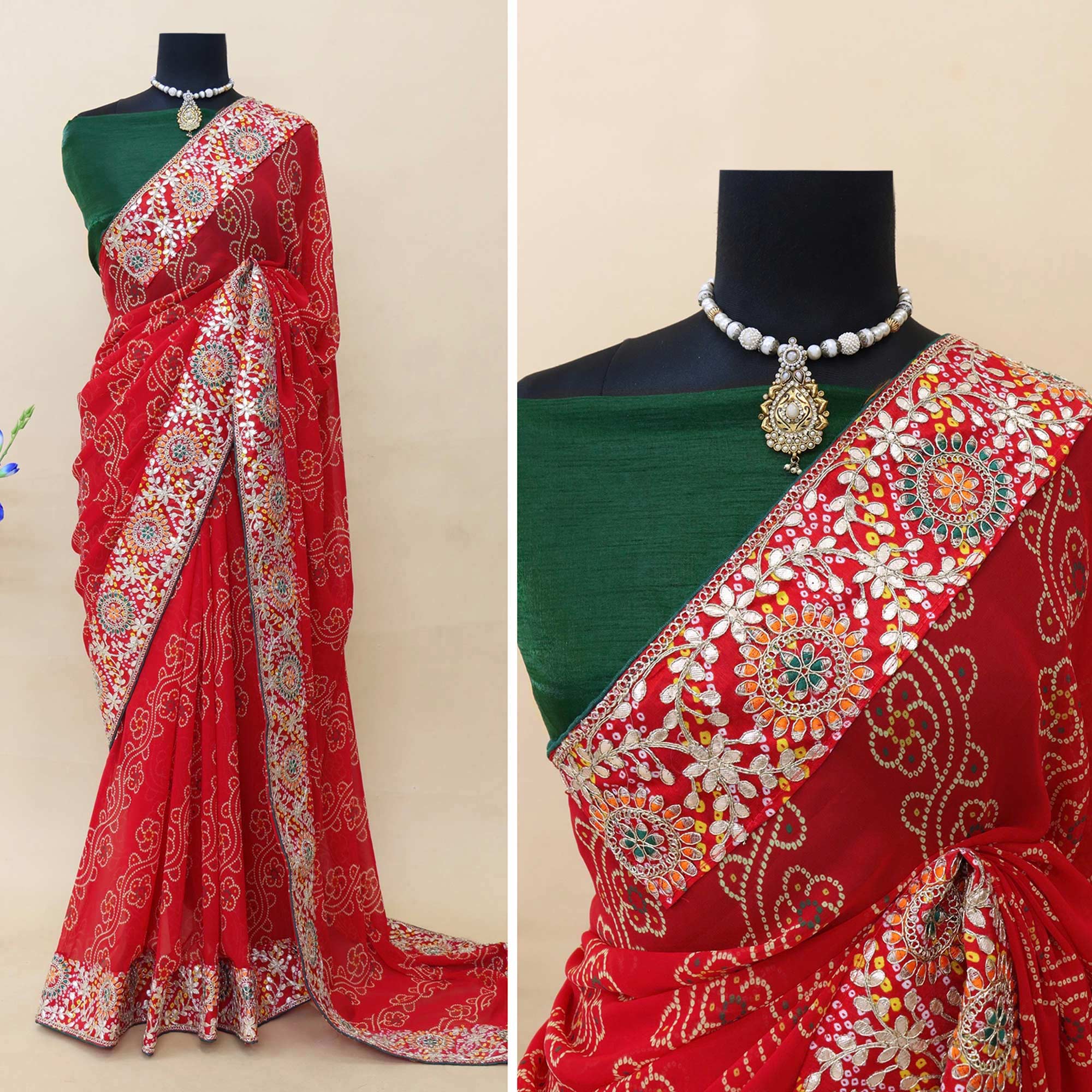 Red Bandhani Printed With Embroidered Border Georgette Saree