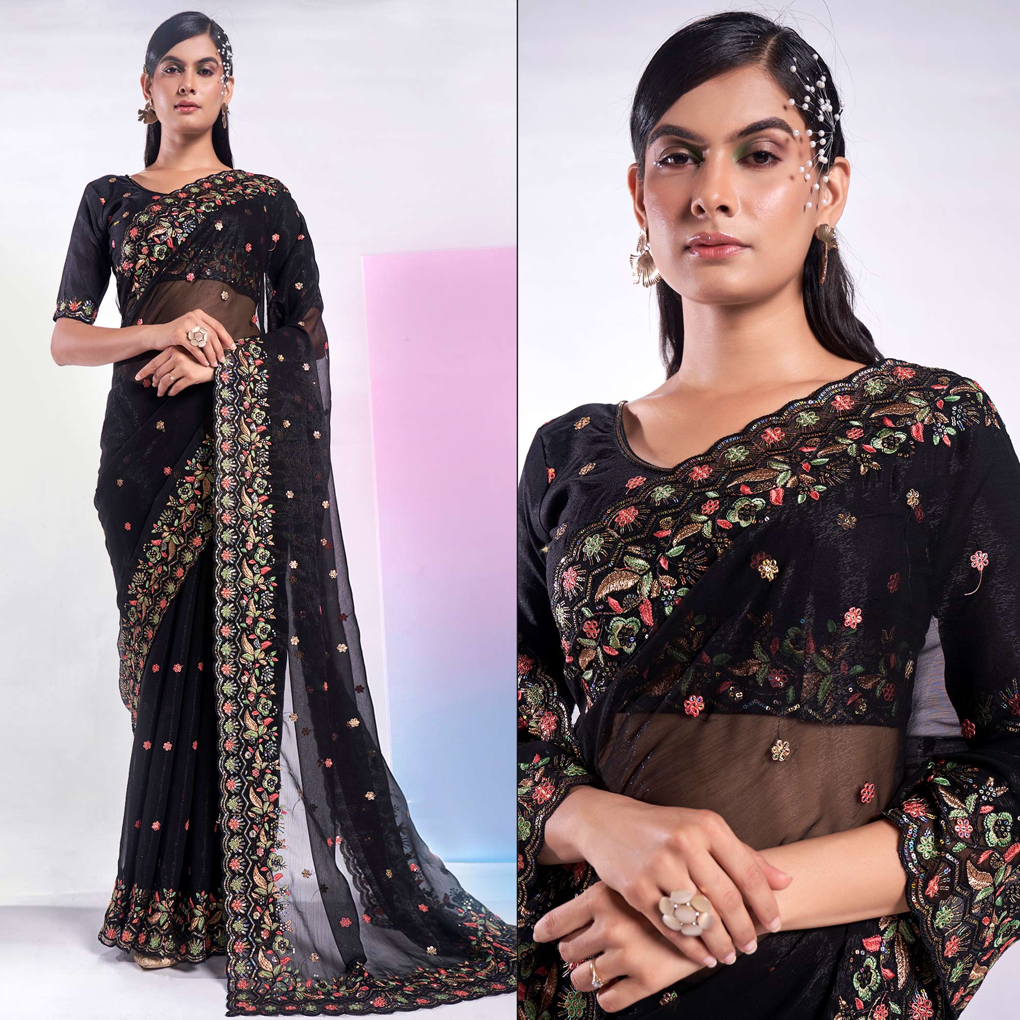 Black Floral Embroidered Georgette Saree