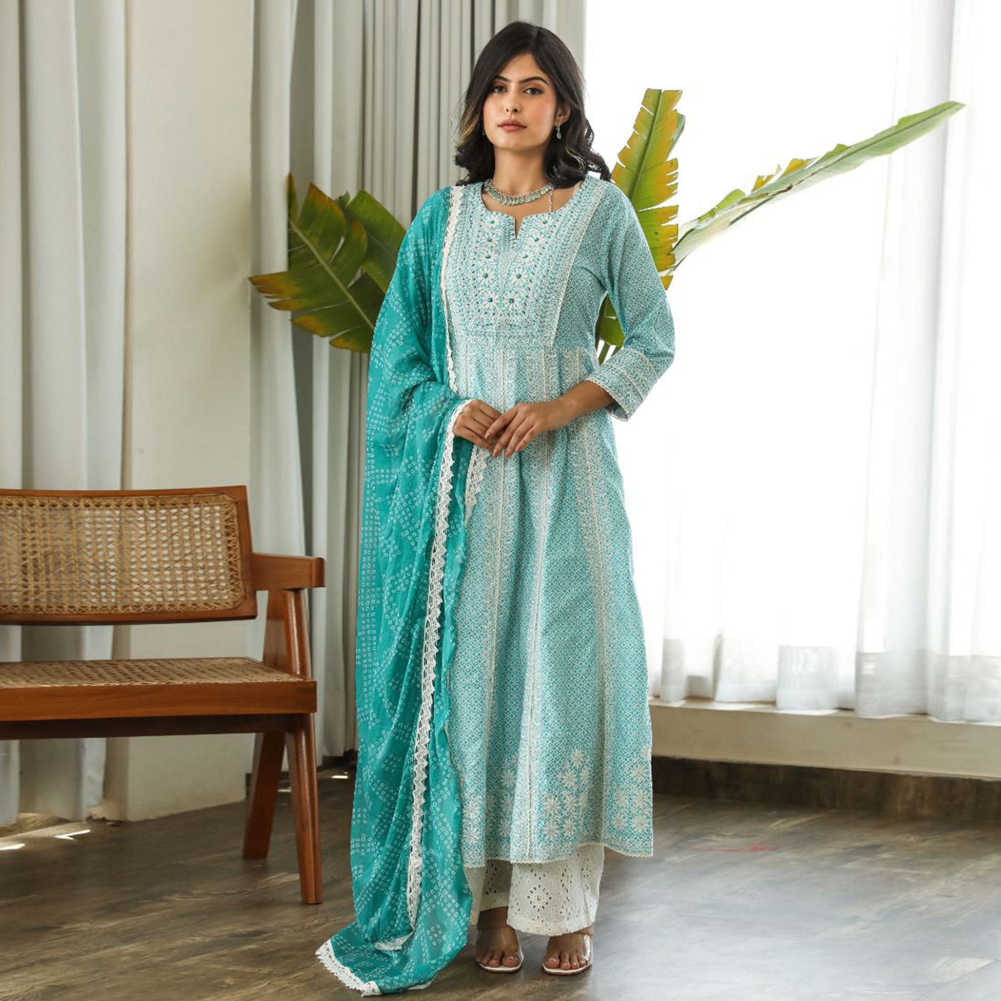 Blue Floral Embroidered Pure Cotton Crosia Border Anarkali Suit