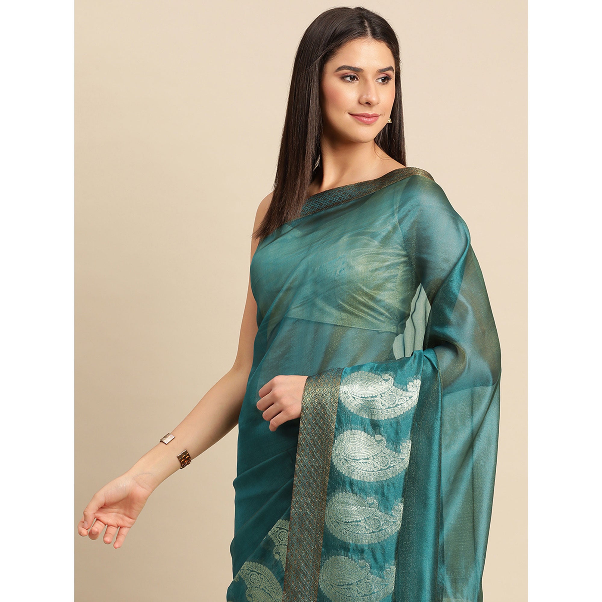 Petrol Blue Woven Organza Saree