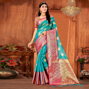 Firozi Woven Art Silk Saree With Tassels