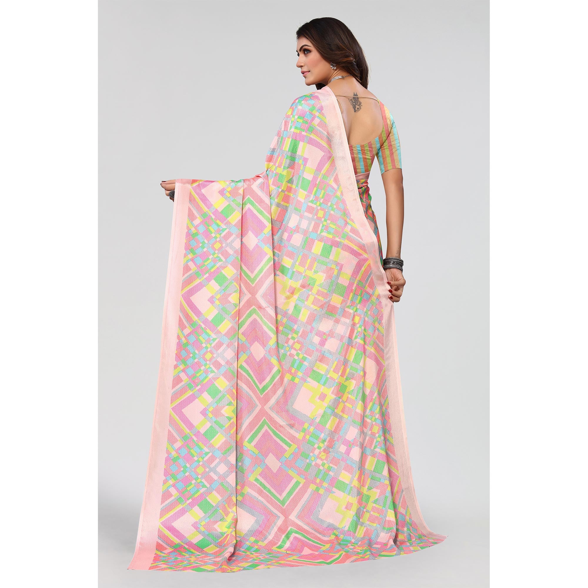 Pink Geometric Printed Chiffon Saree