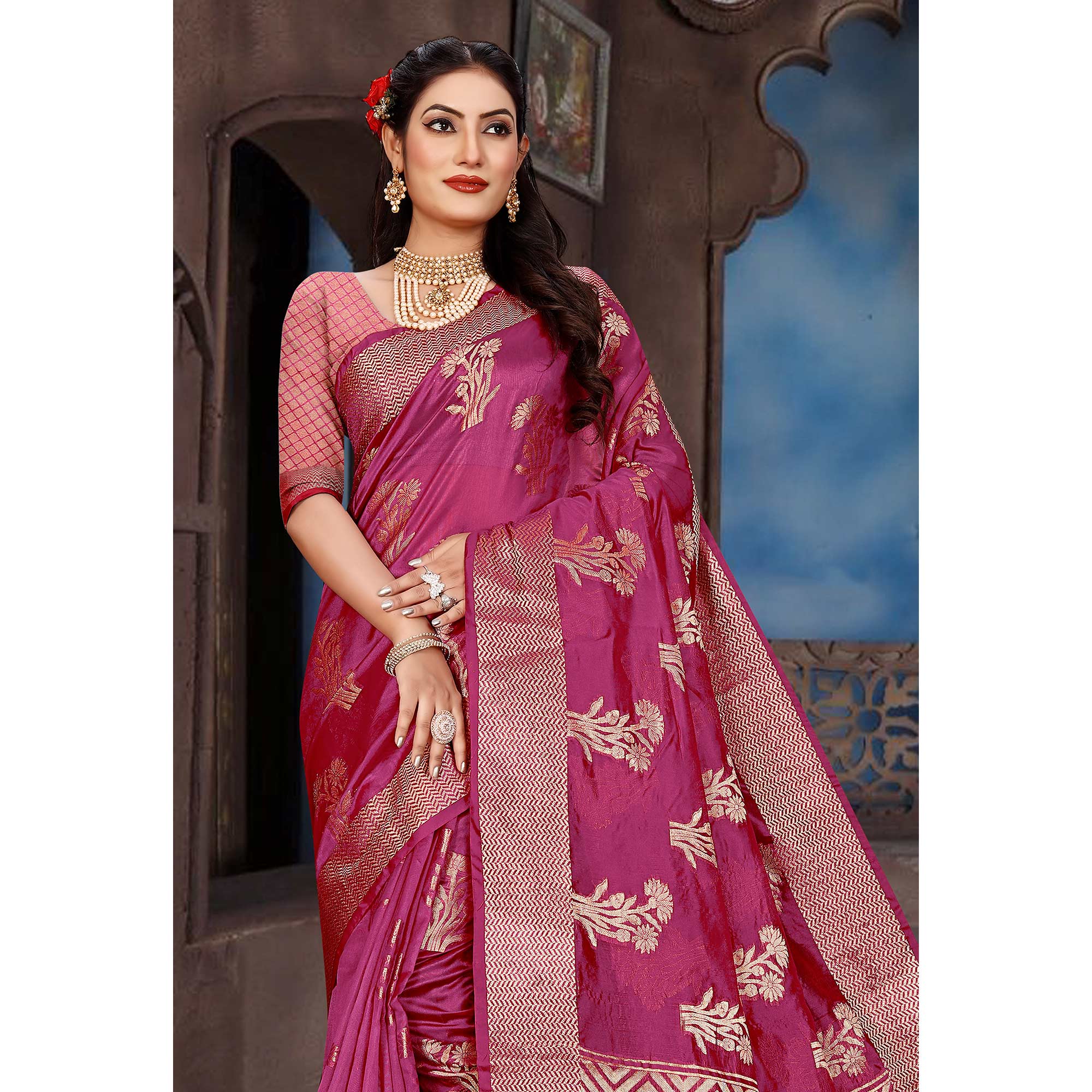 Rani Pink Floral Woven Organza Saree