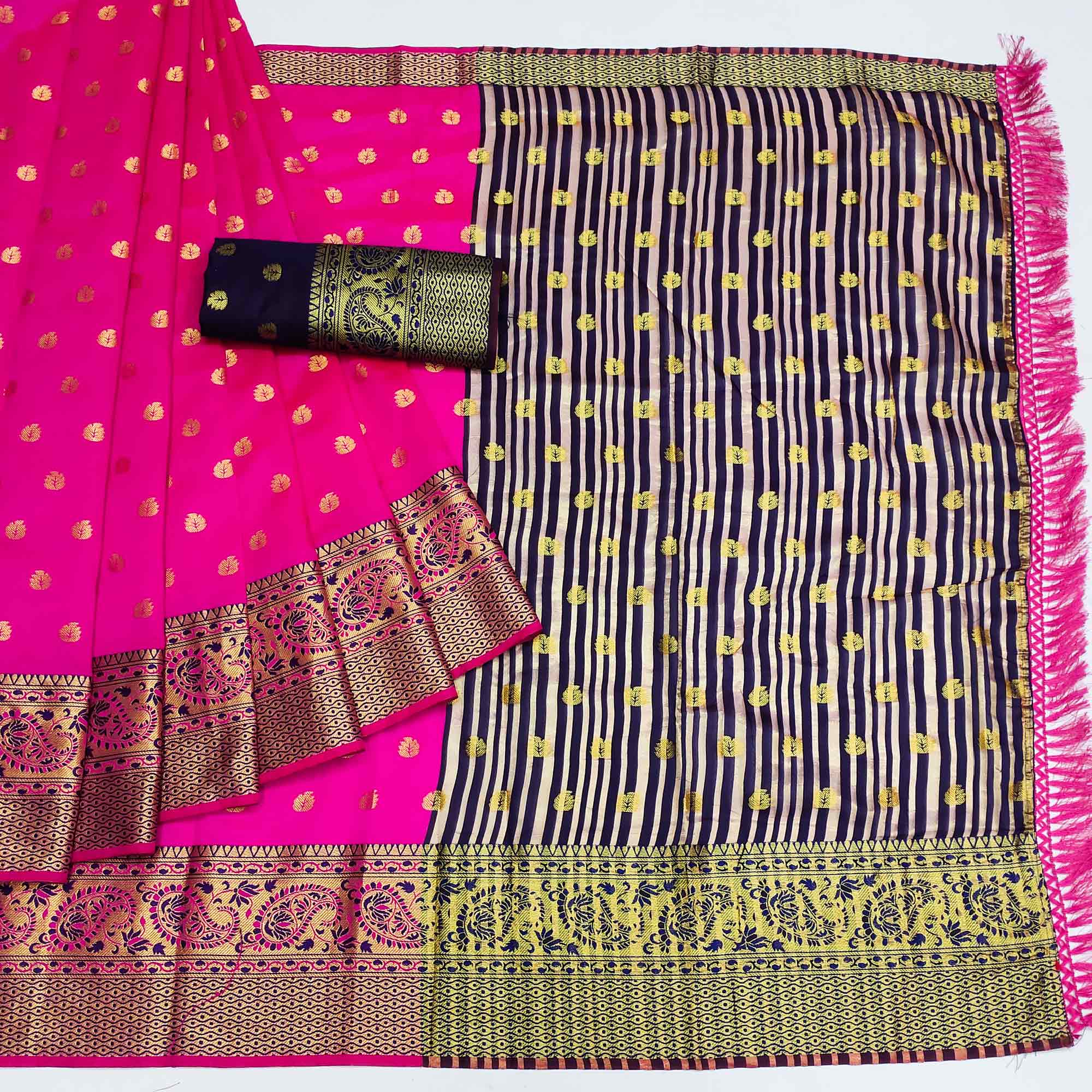 Magenta Pink Woven Jacquard Saree With Tassels