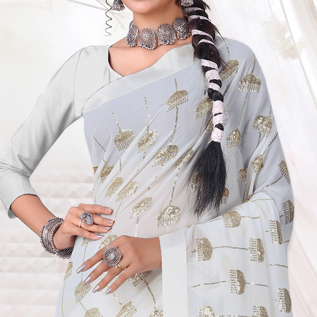 White Sequins Embroidered Georgette Saree