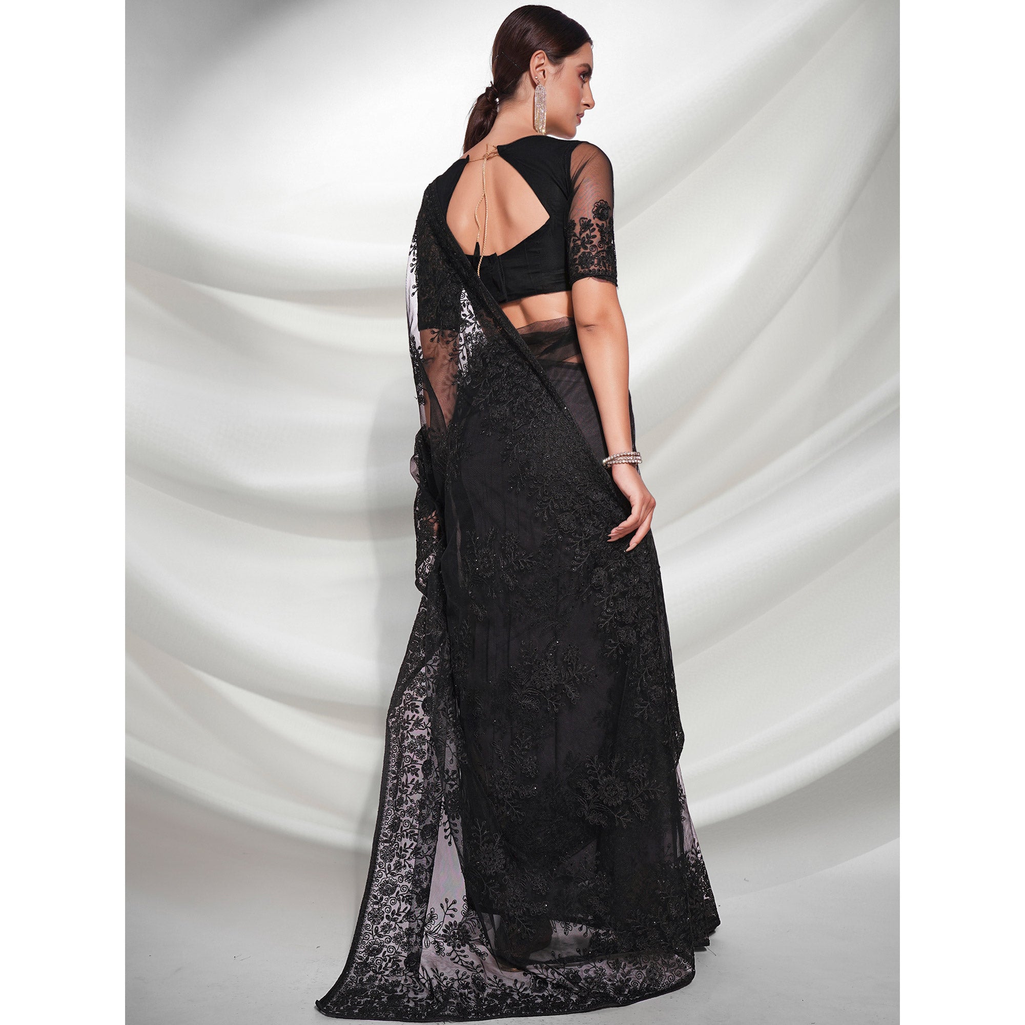 Black Floral Embroidered Net Saree