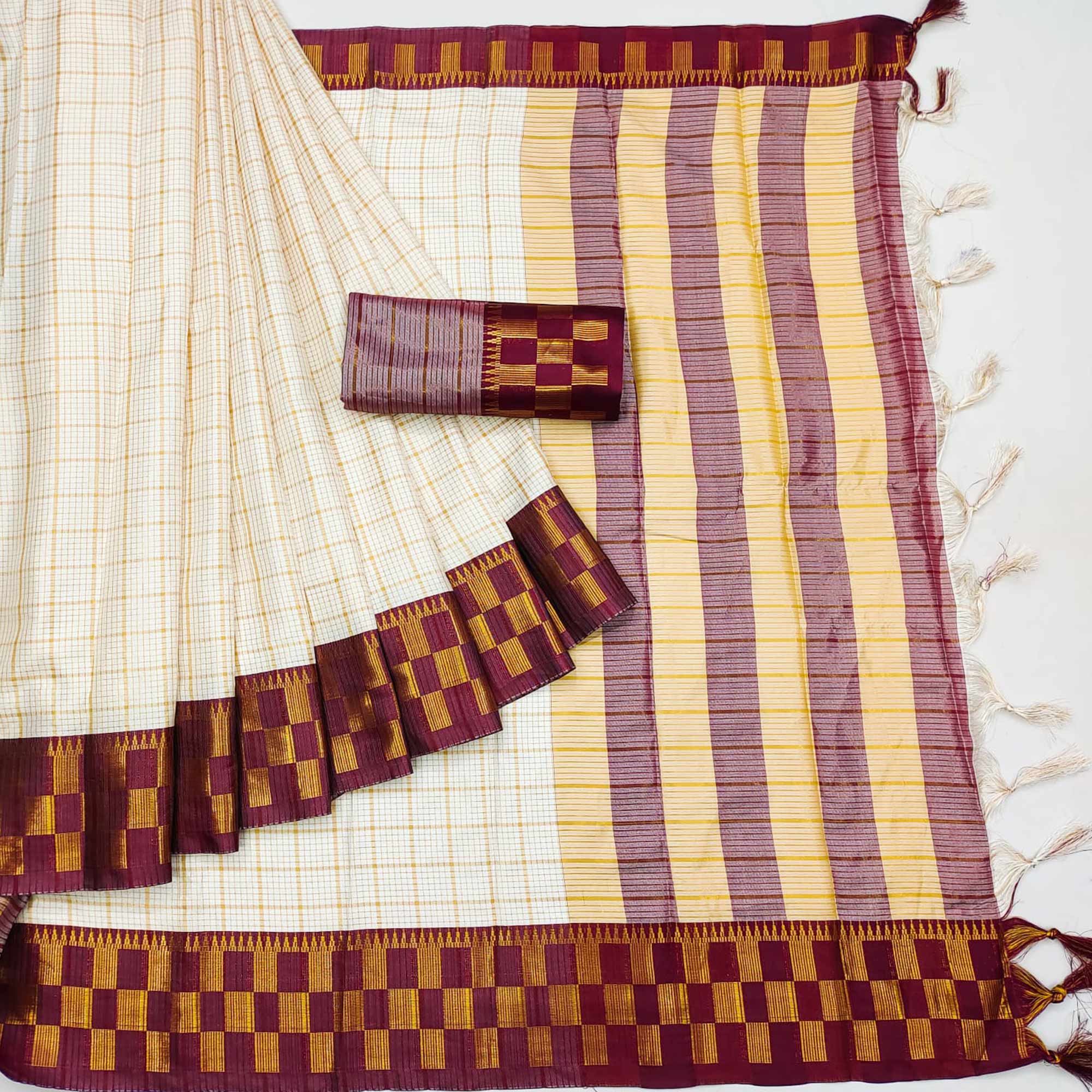 Cream & Wine Woven Cotton Silk Saree