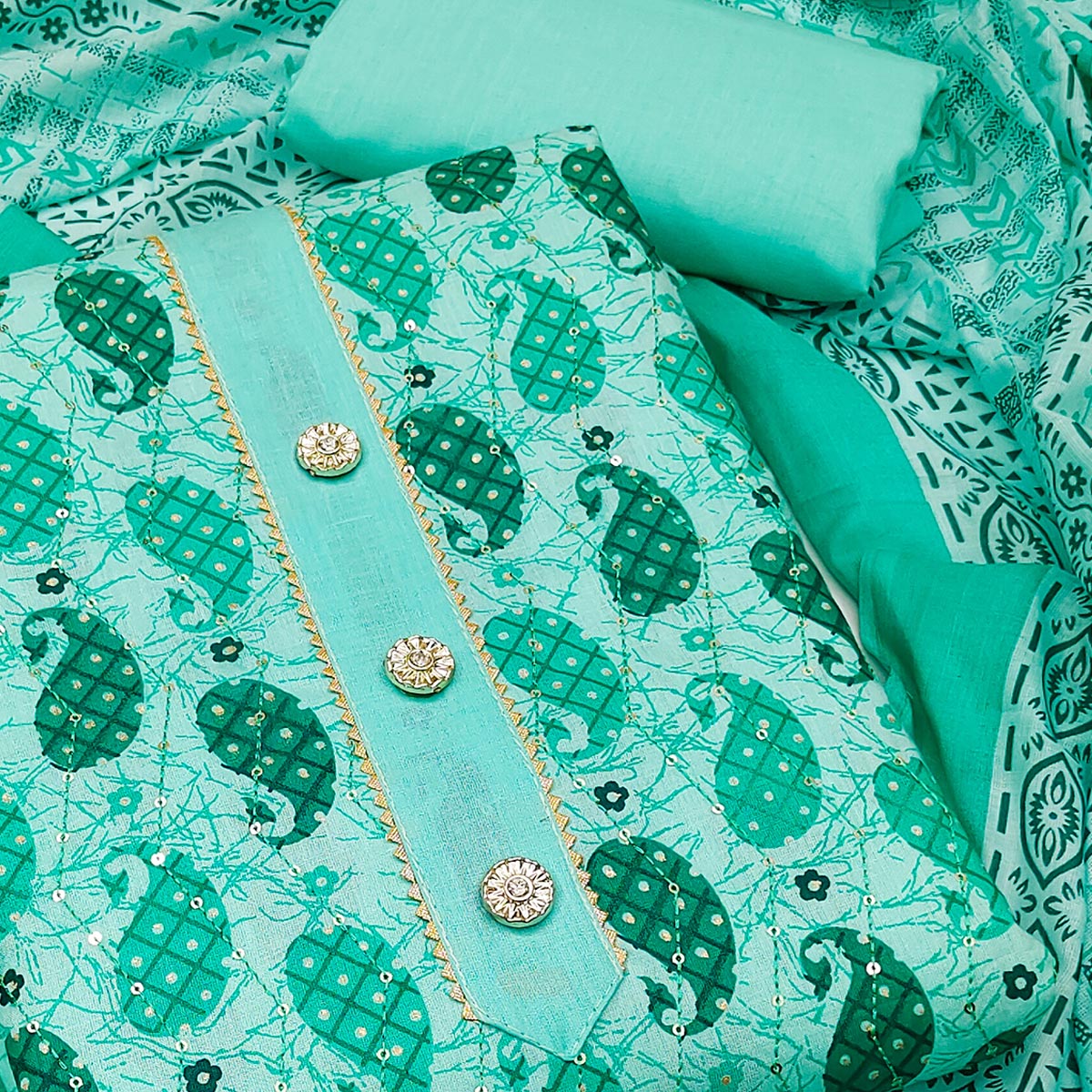 Sea Green Printed Pure Cotton Dress Material