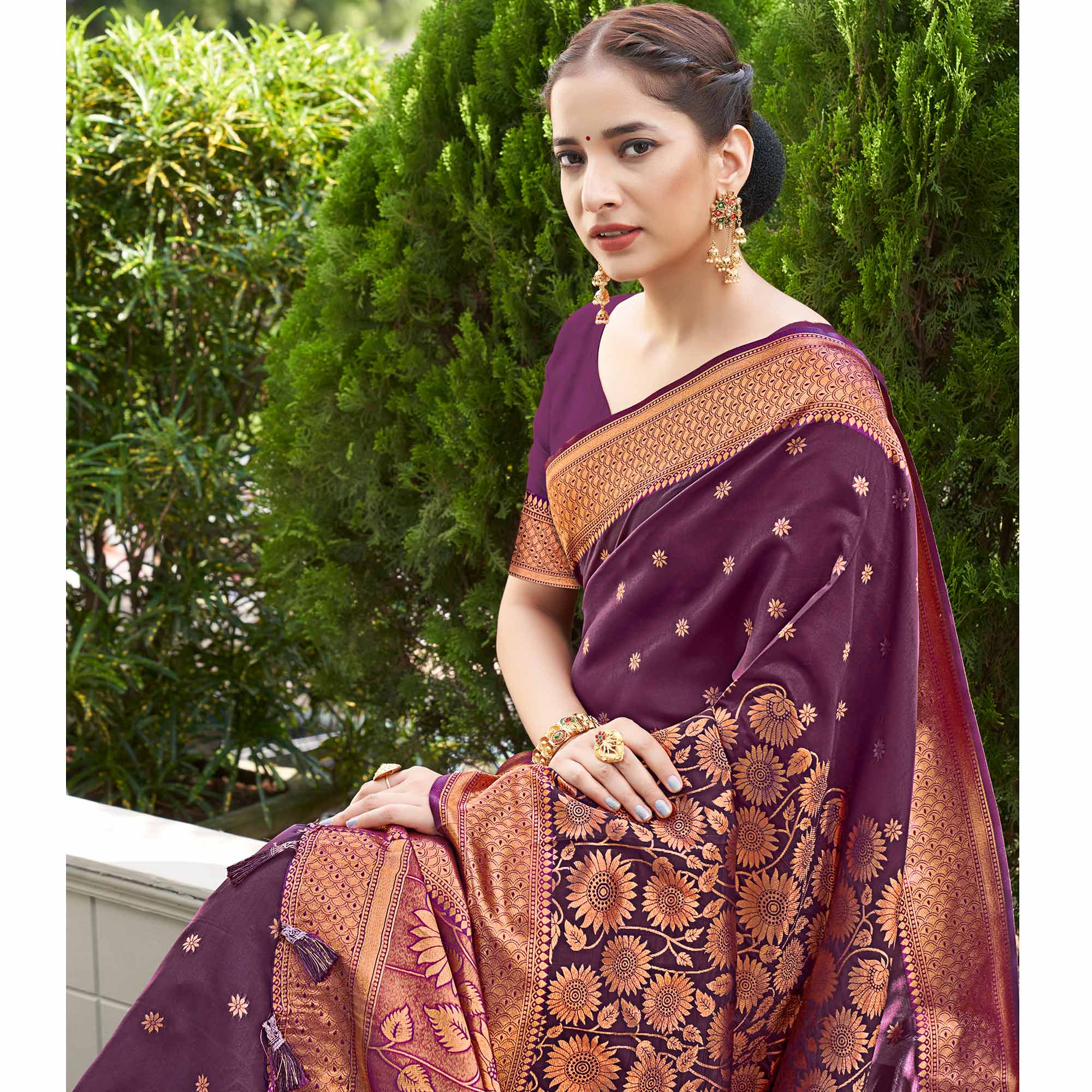 Purple Floral Woven Art Silk Saree