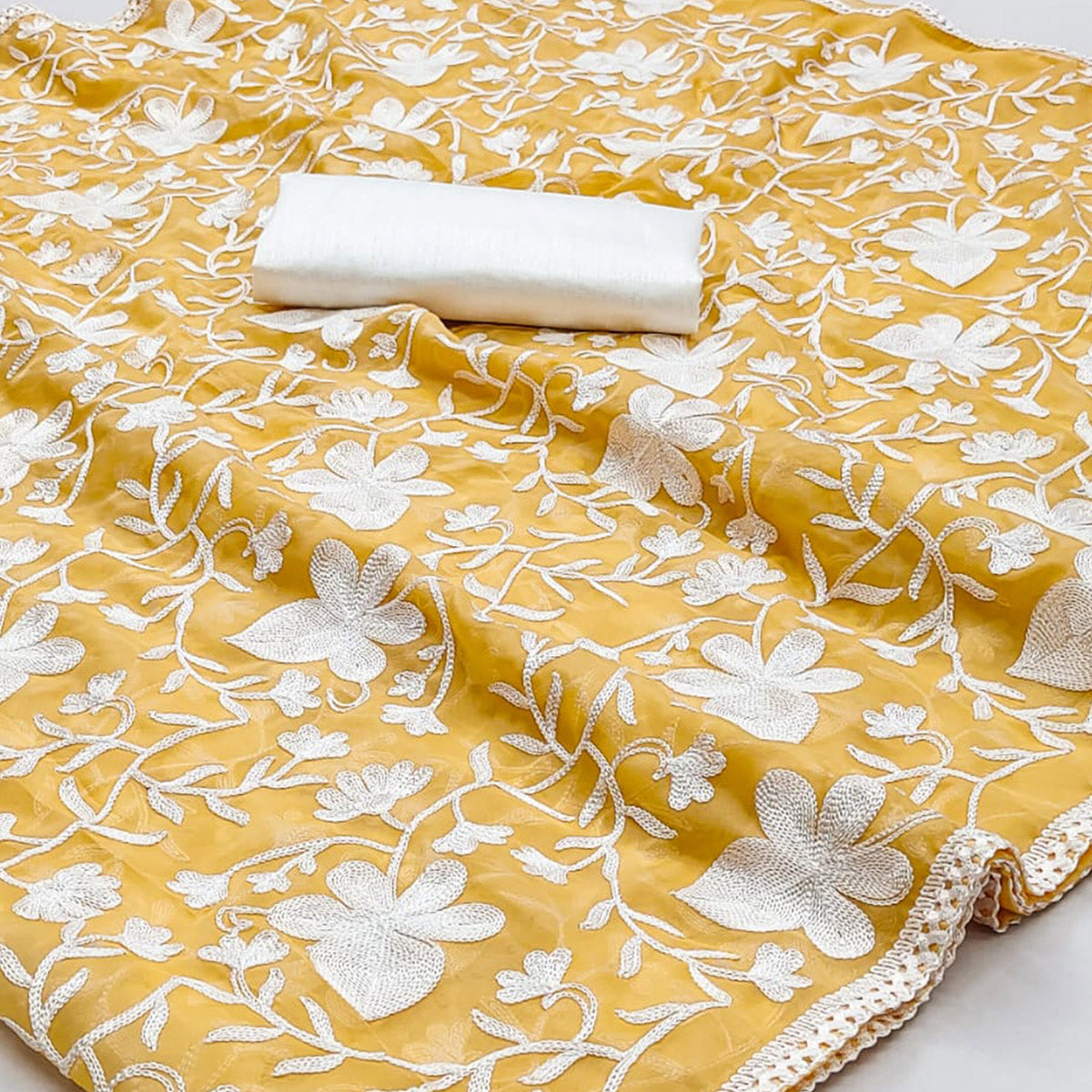 Yellow Floral Embroidered Organza Saree