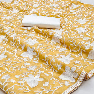 Yellow Floral Embroidered Organza Saree