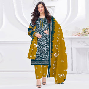 Teal Blue Printed Cotton Suit
