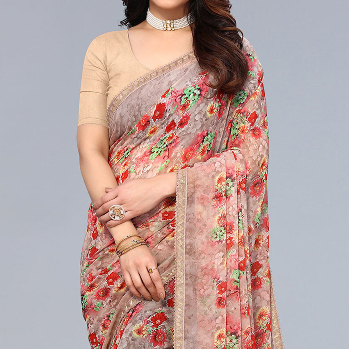 Beige Printed Georgette Saree With Crochet Border