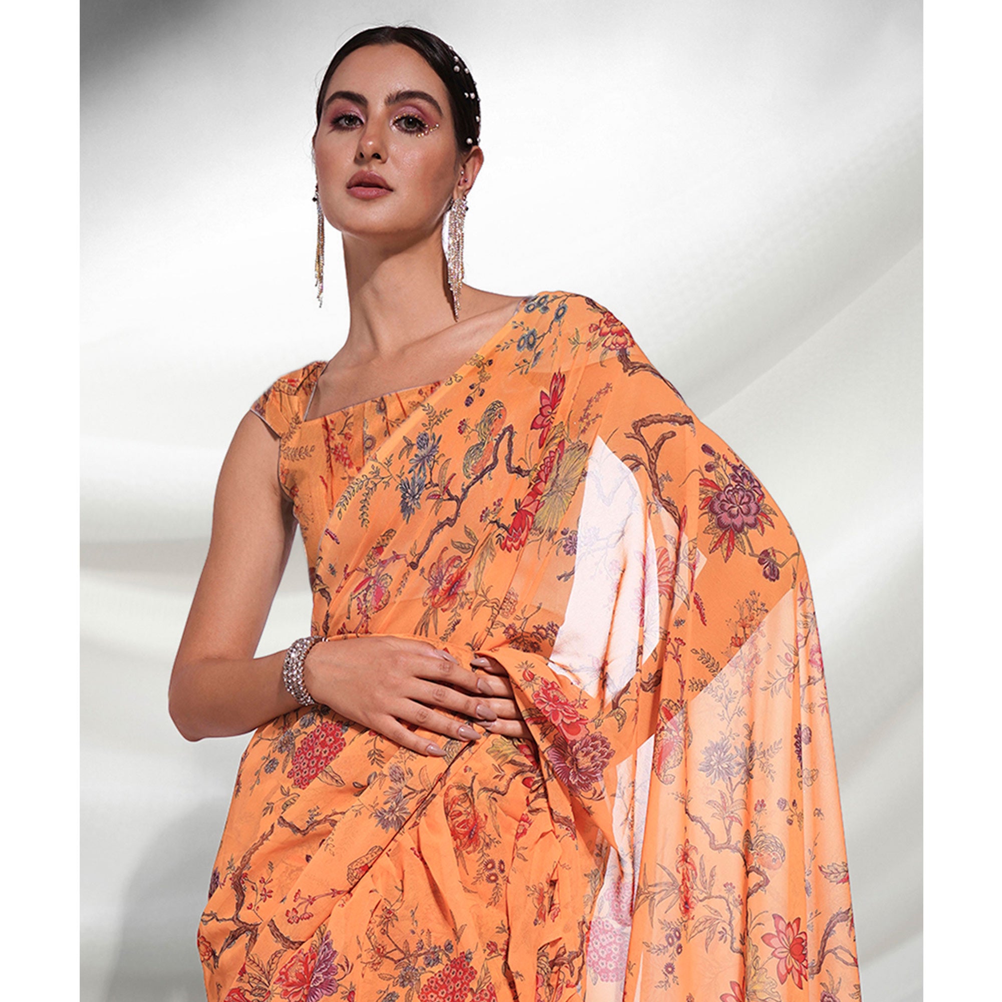 Orange Floral Printed Georgette Frill Saree