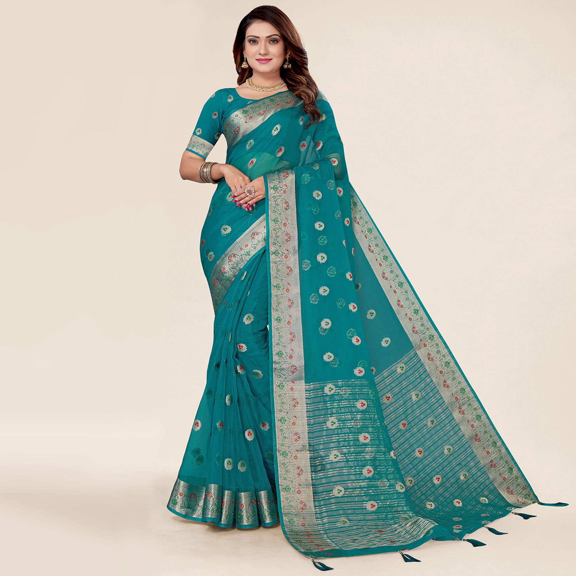 Turquoise Woven Organza Saree With Tassels