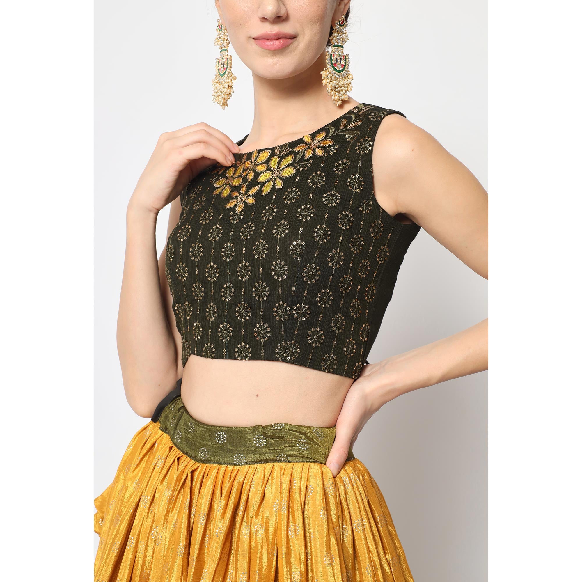 Mustard & Olive Foil Printed Chiffon Lehenga Choli