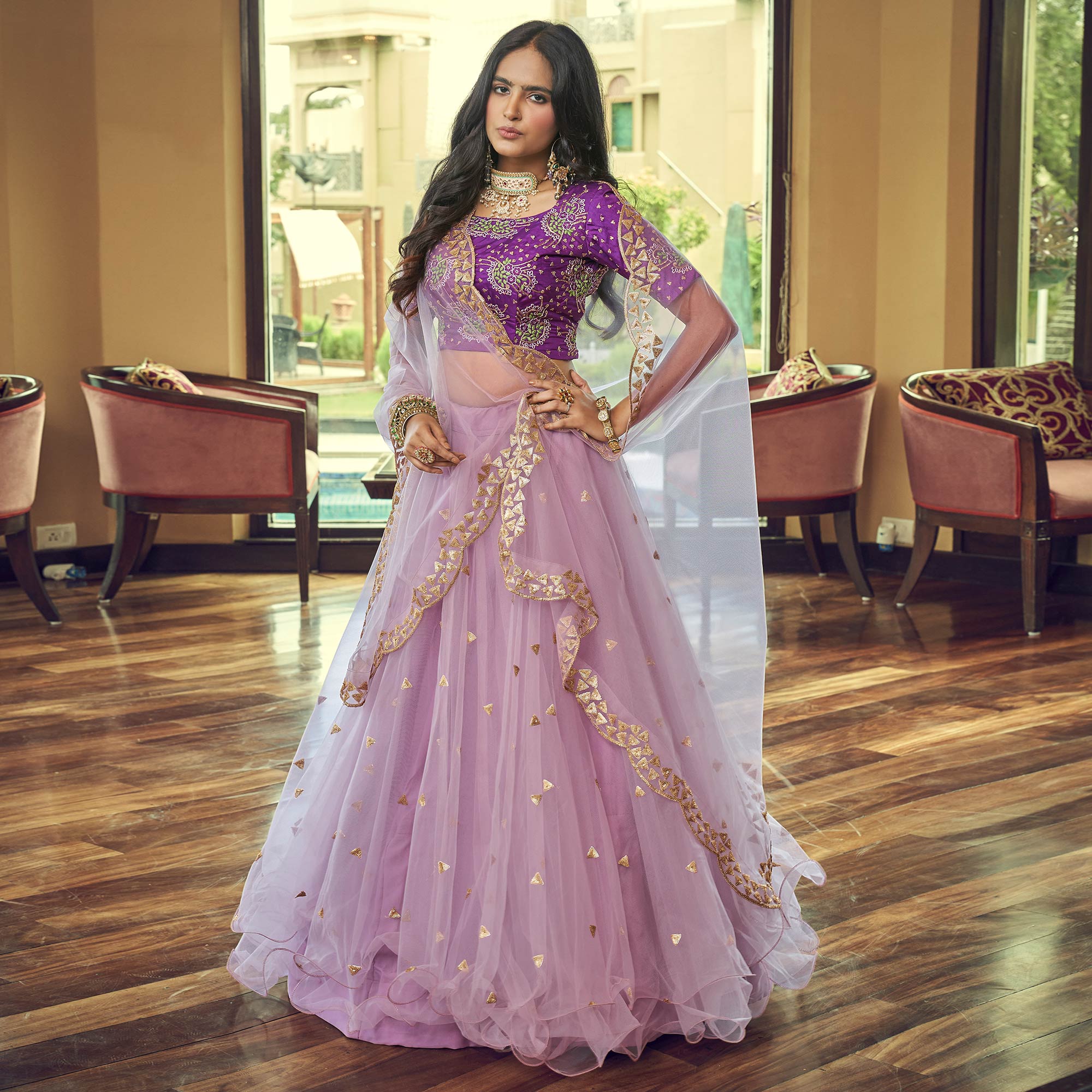 Lavender Sequins Embroidered Netted Lehenga Choli